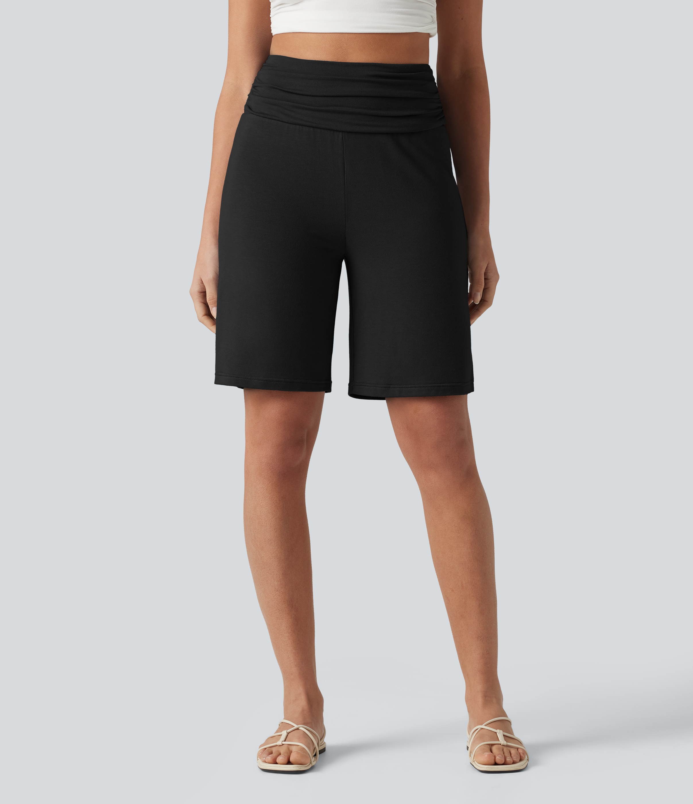 High Waisted Ruched Casual Bermuda Shorts with Pocket