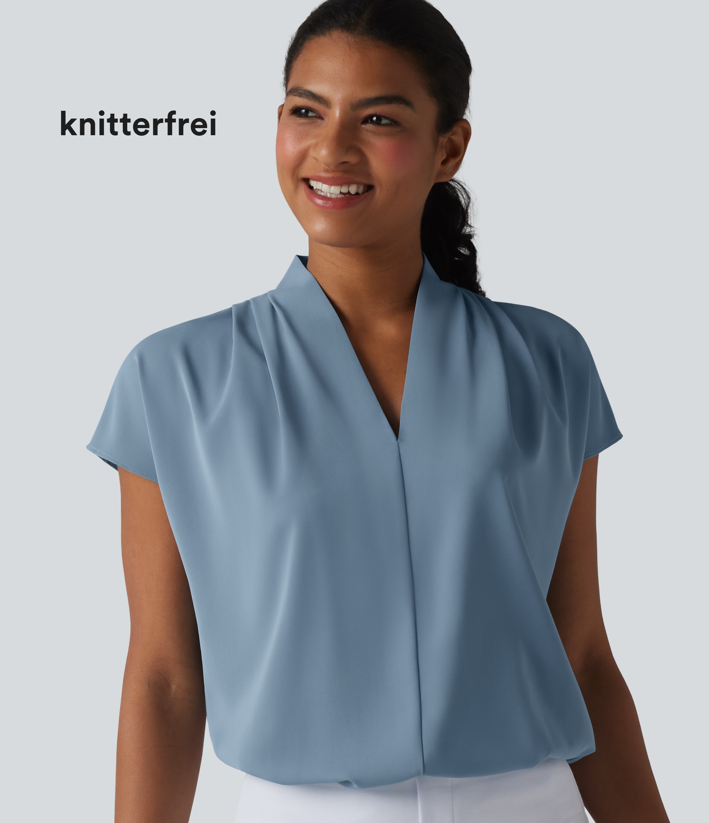 Büro-Bluse mit V-Ausschnitt, Fledermausärmeln und lockerer Passform - knitterfrei