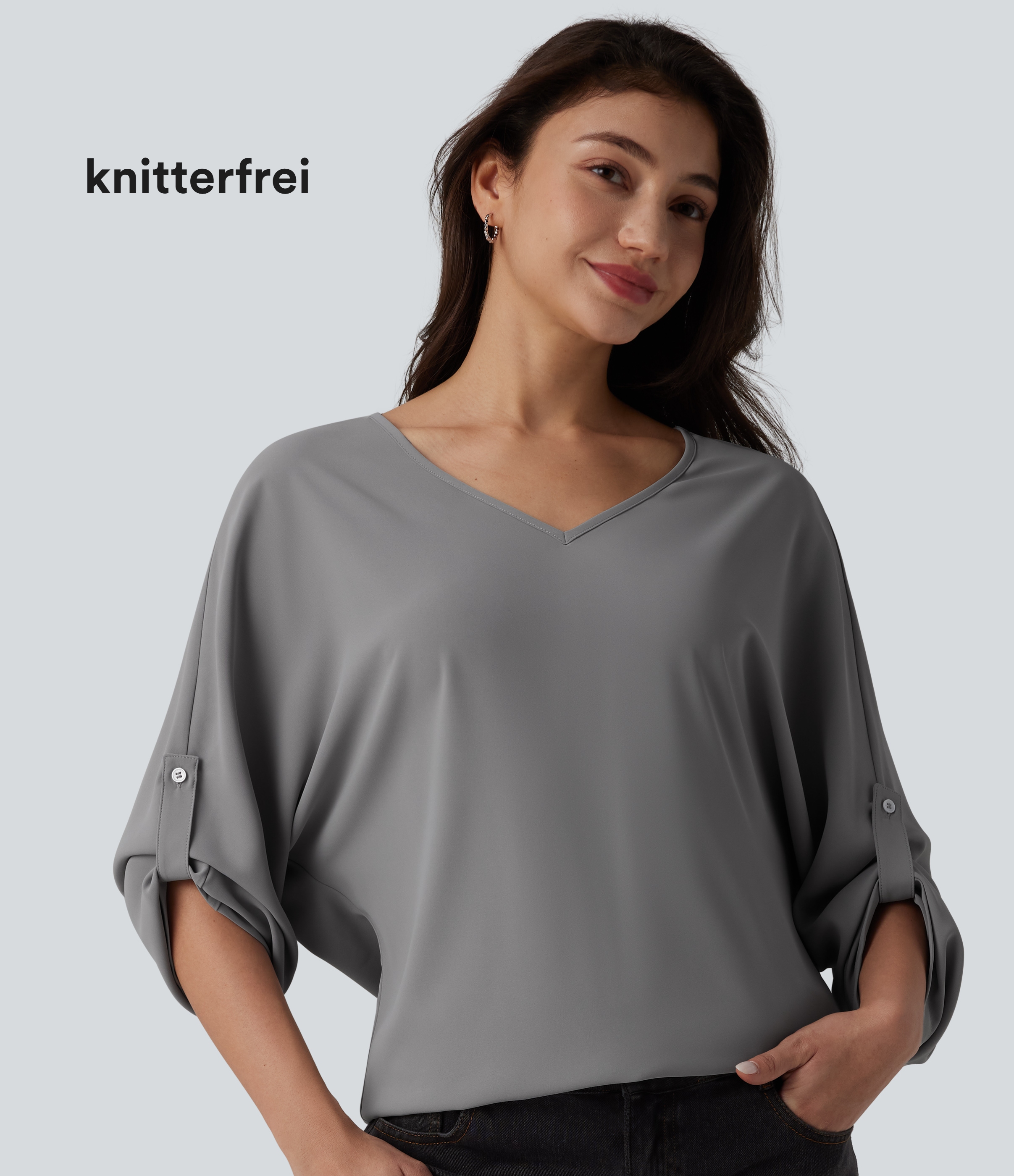 Arbeitsbluse mit V-Ausschnitt und langen Ärmeln - knitterfrei