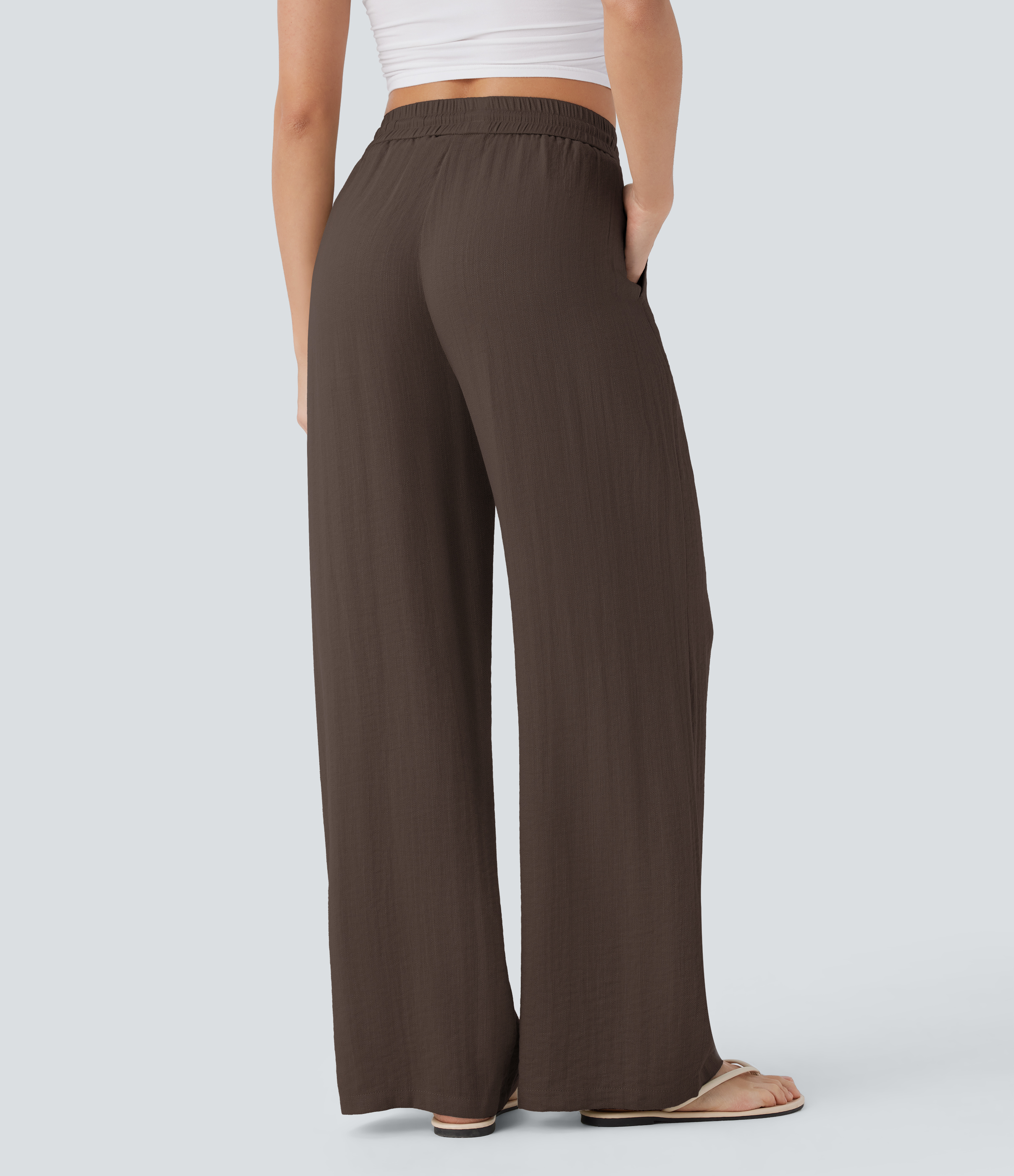 Chocolate Martini Pantalones de tiro alto con cordón y bolsillos, pernera ancha, holgados y de estilo casual con tacto de lino. / 2