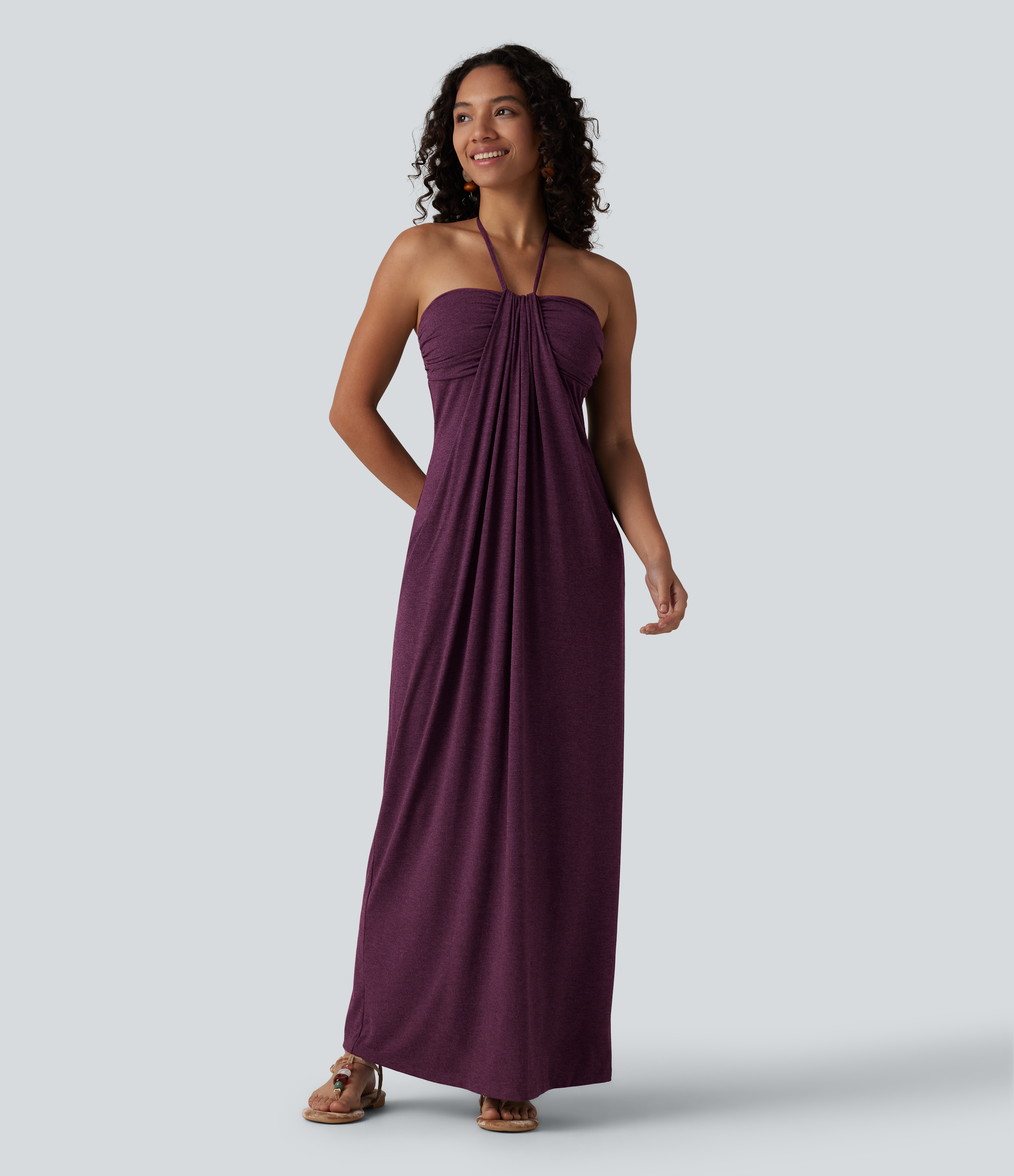 Halter Tie Back Built-in Bra Maxi Dress with Pockets