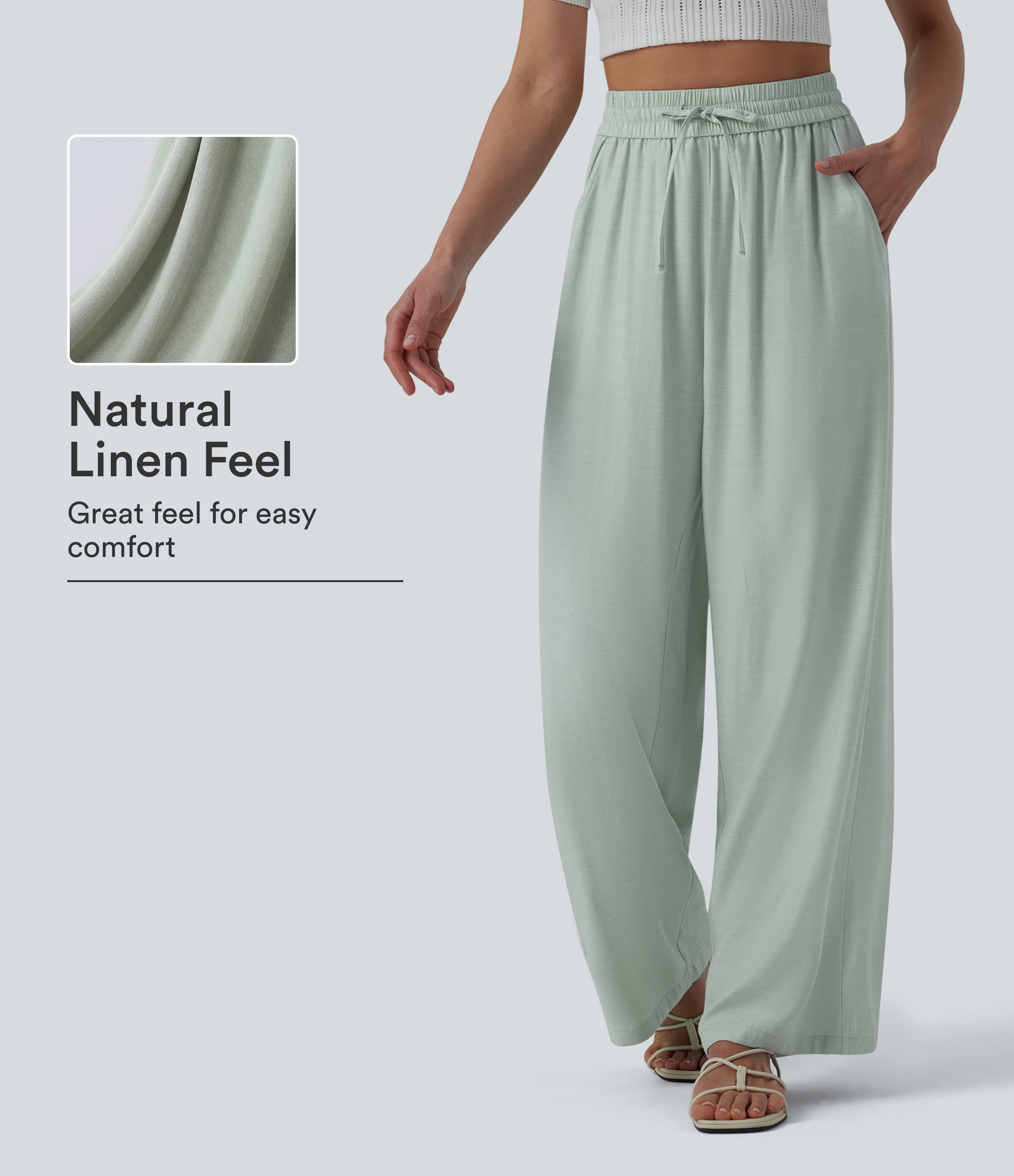 High Waisted Drawstring Wide Leg Casual Linen-Blend Pants with Pockets
