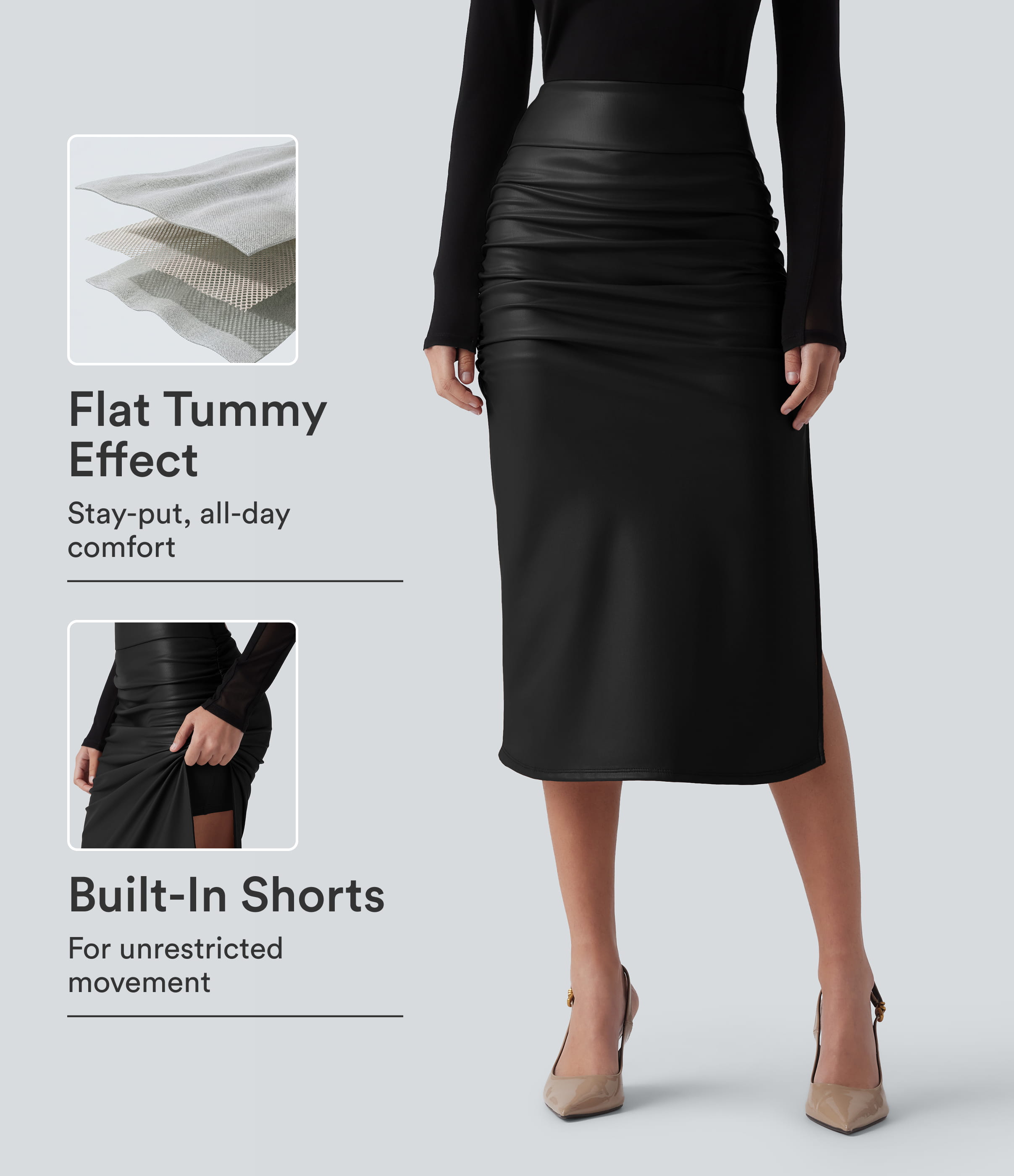 High Waisted Tummy Control Ruched Curved Hem 2-in-1 Fleece PU Midi Casual Skirt