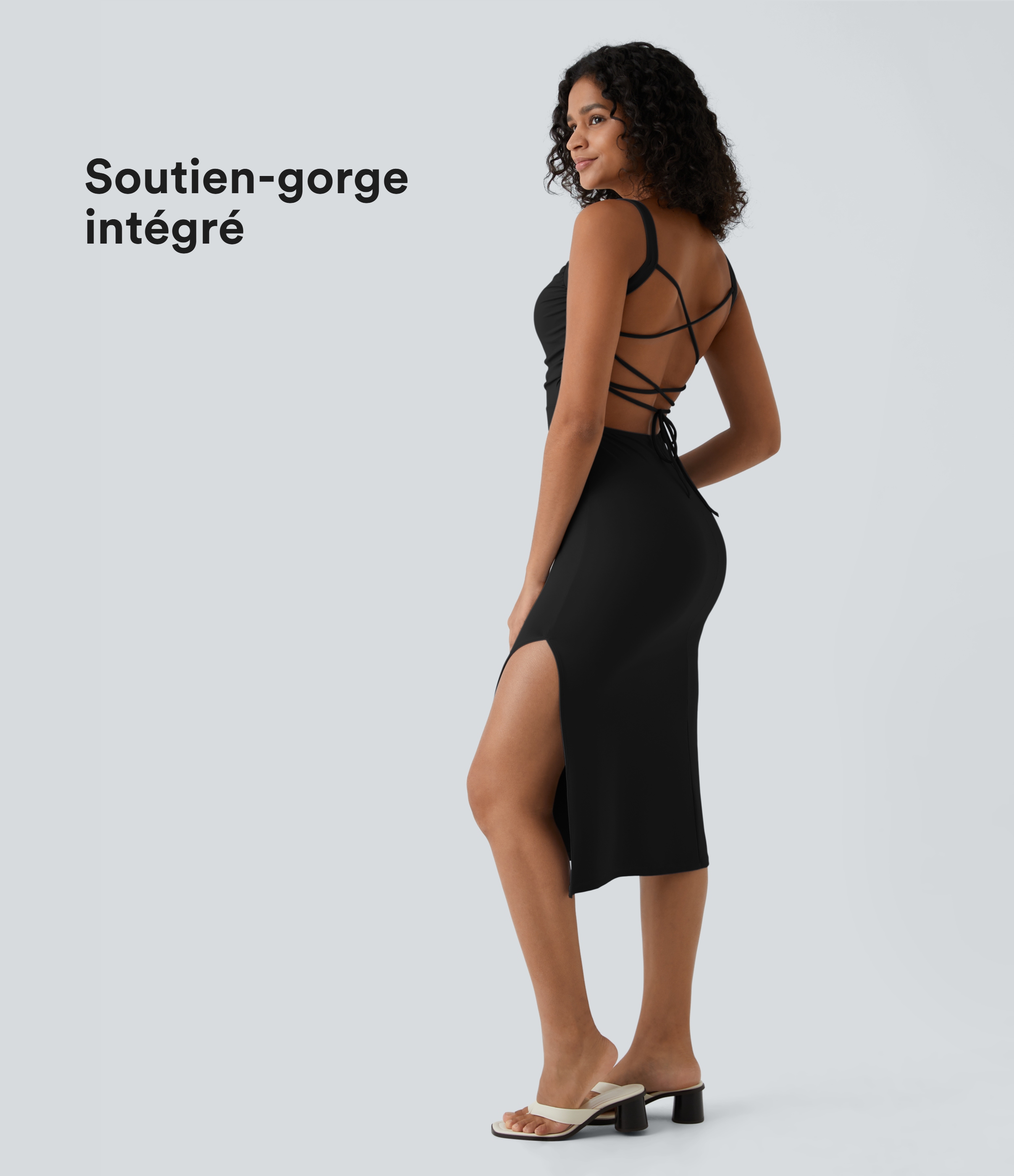 Robe midi casual laquée fendue, soutien-gorge intégré, dos nu croisé