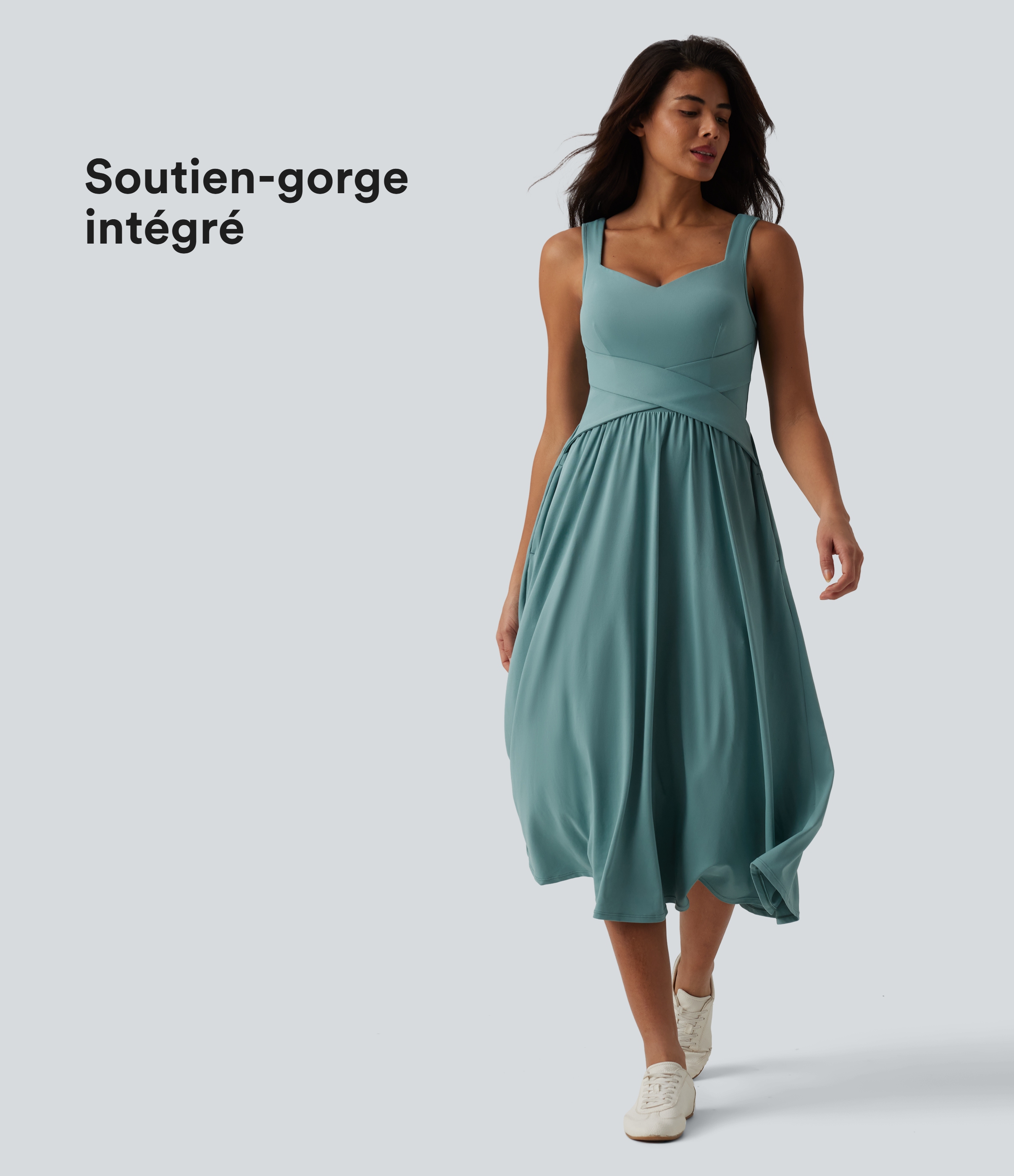 Robe décontractée midi fluide sans manches dos croisé, avec soutien-gorge intégré (Bonnets D-F) et poches