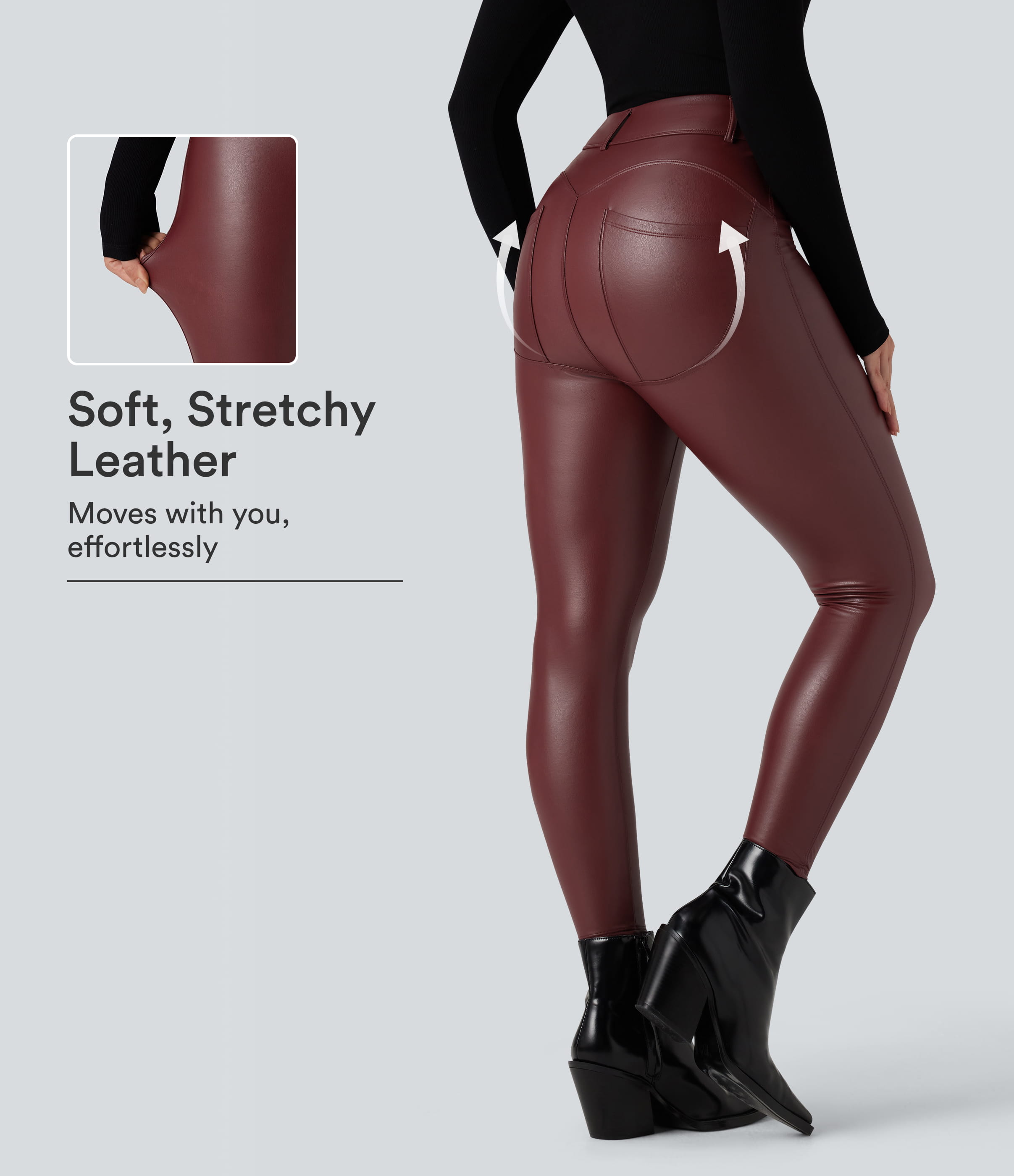 Hoch geschnittene, elastische PU-Fleece-Freizeitleggings mit Taschen