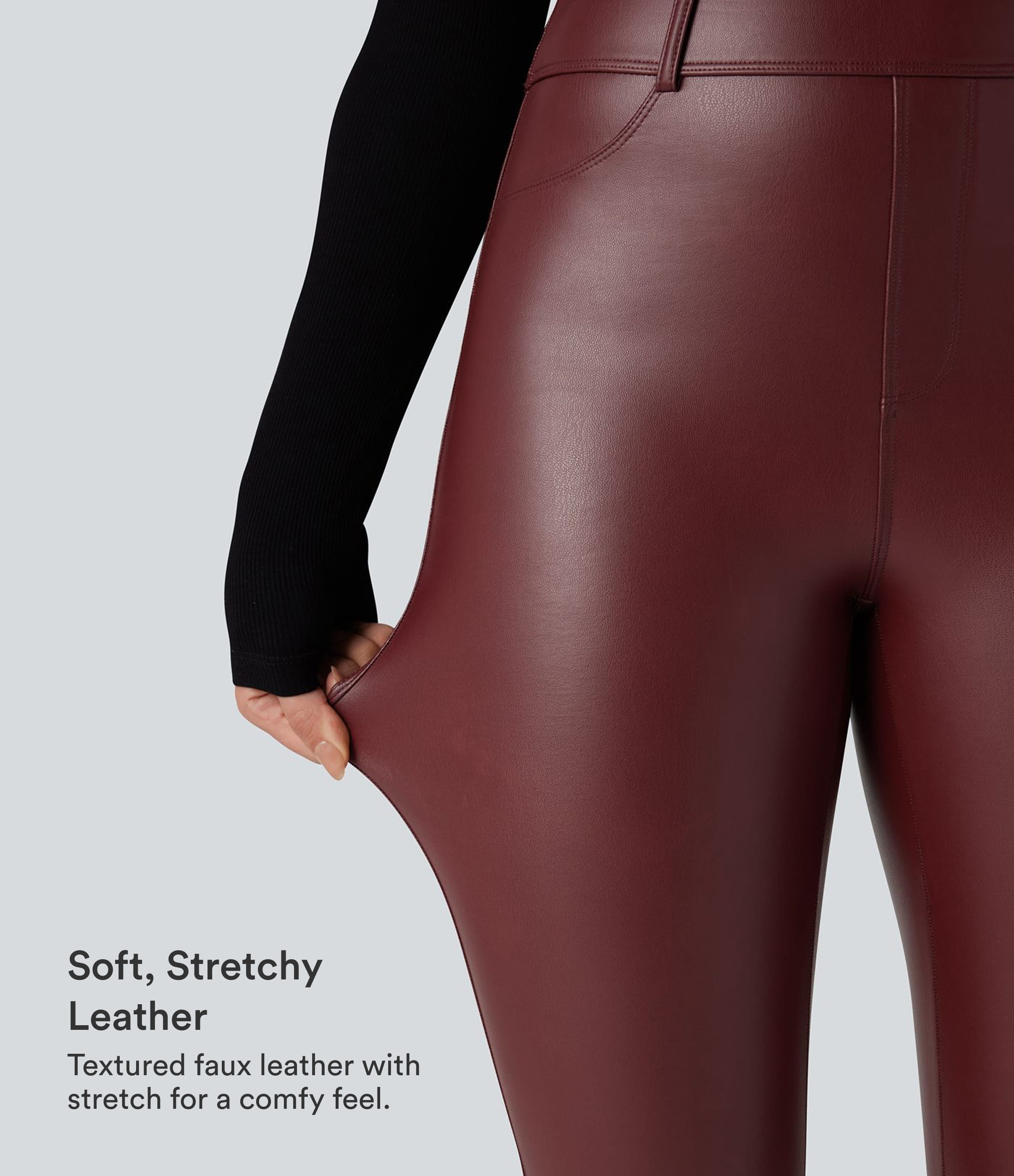 Andorra High Waisted Stretchy PU Fleece Casual Leggings with Pockets / 2