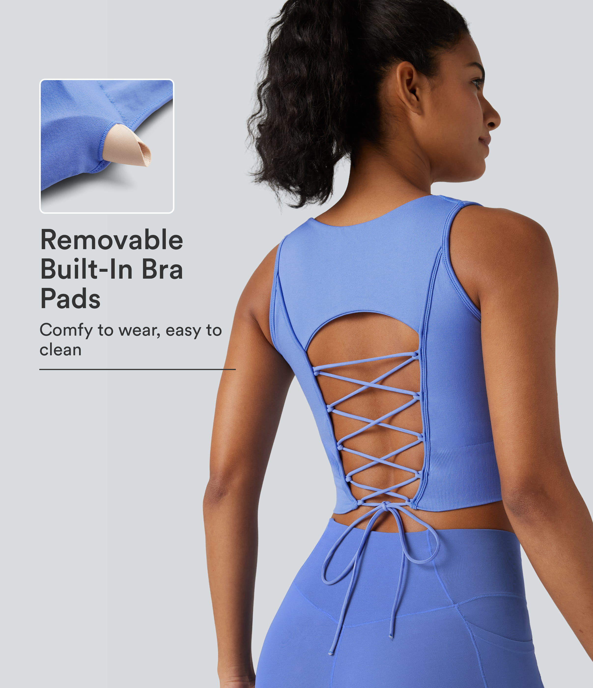 OneForm Seamless Flow V Neck Built-in Bra Lace Up Cropped Yoga Tank Top