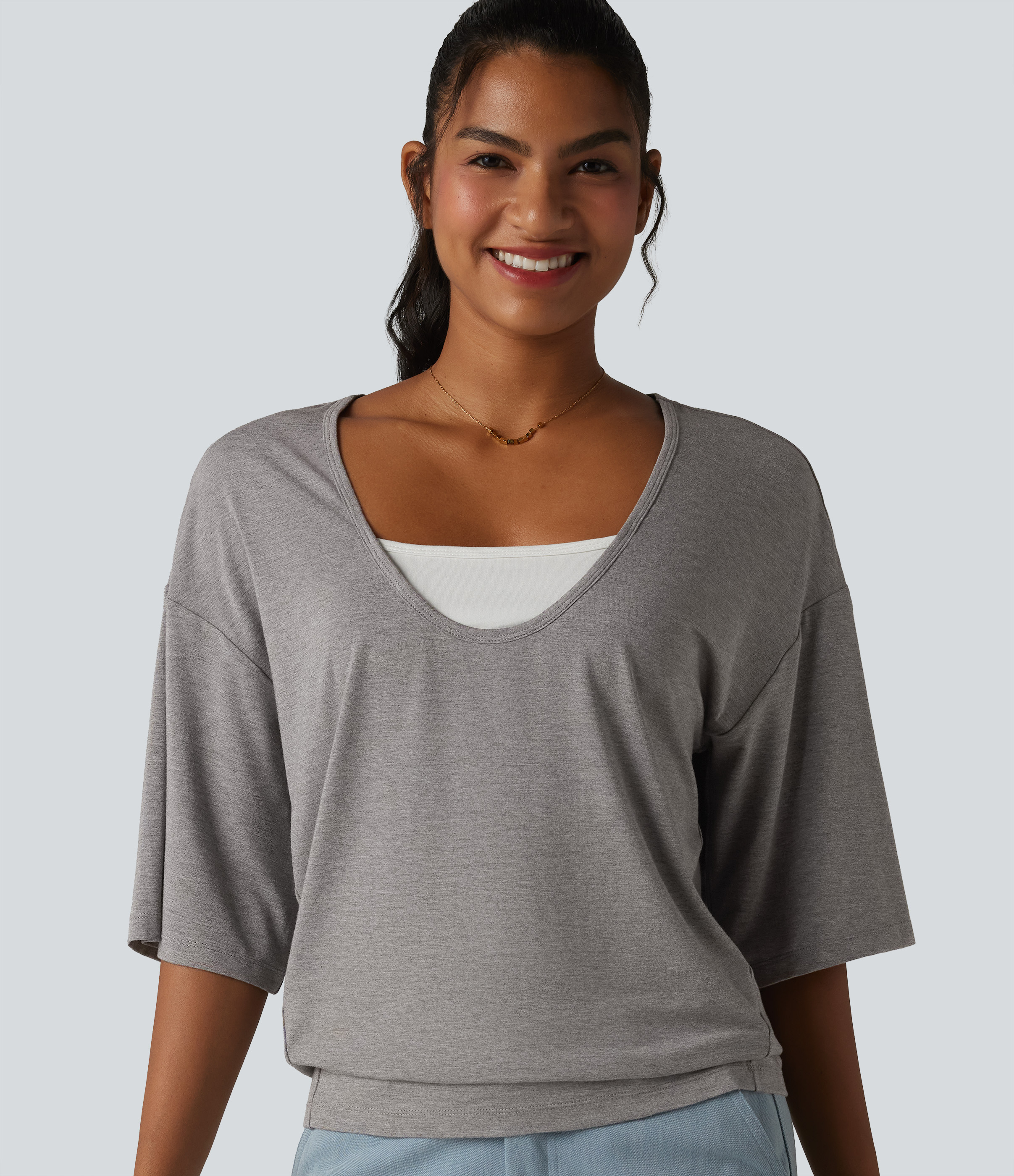 Scoop Neck Half Sleeve Color Block Casual Top