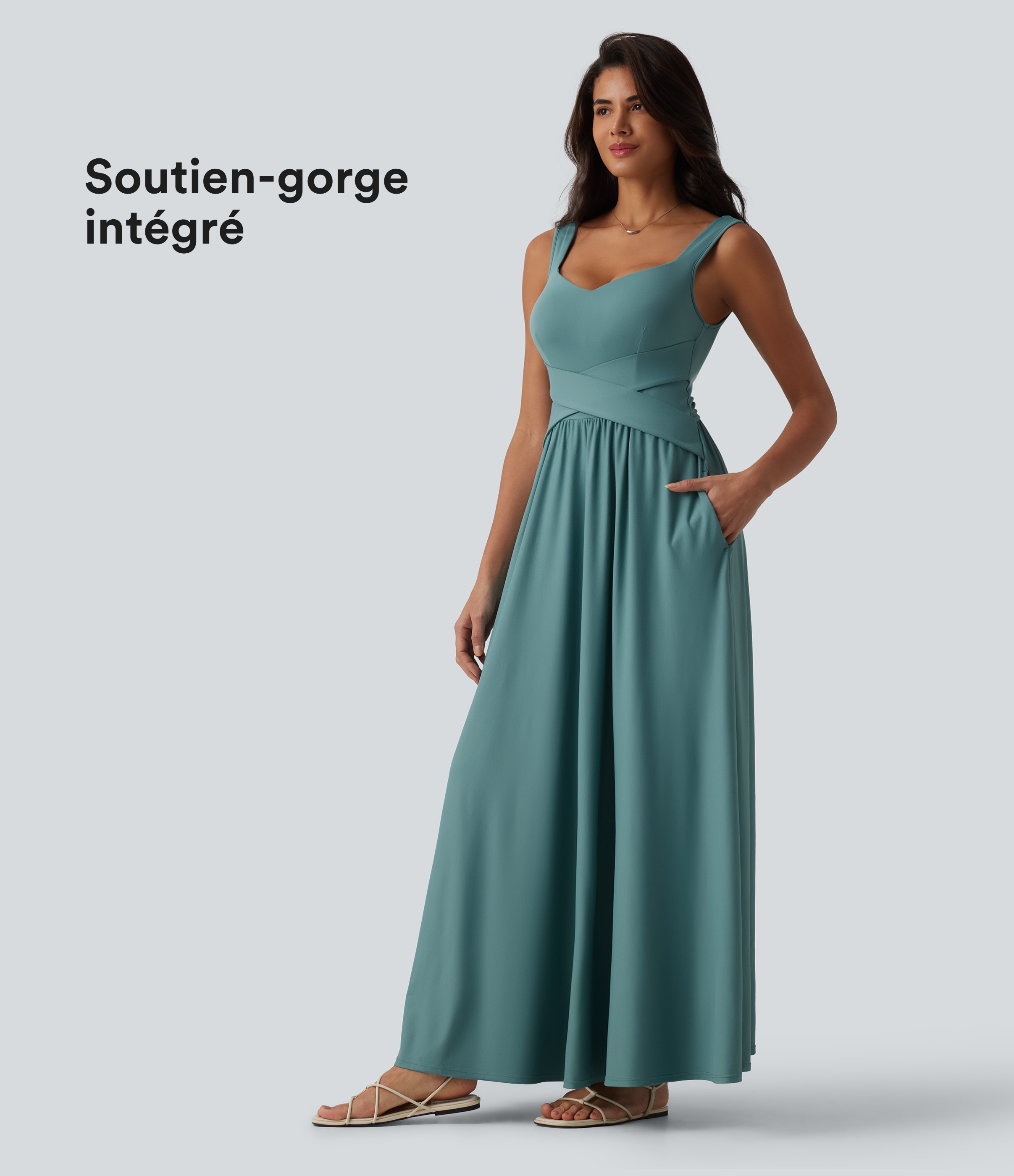 Robe longue fluide sans manches avec soutien-gorge intégré  (Bonnets D-F) et poches
