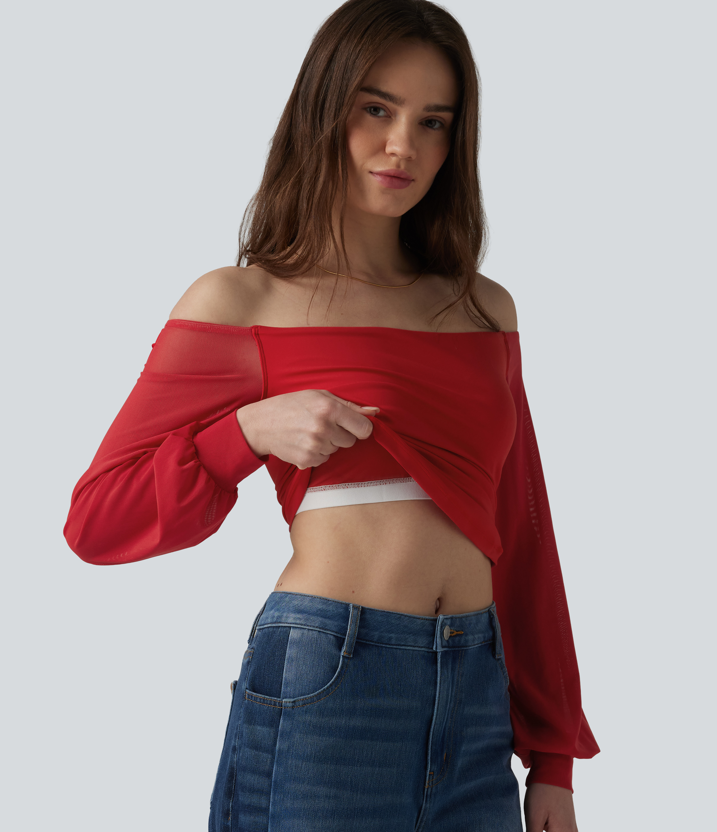SoftlyZero™ Airy Off-Shoulder Long Sleeve Breathable Mesh Built-in Bra Cool Touch Casual T-Shirt-UPF50+