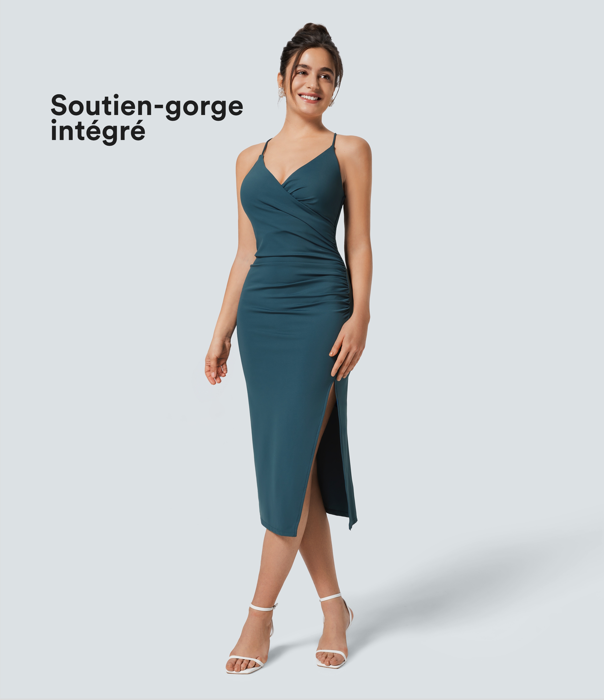 Robe Softlyzero™ Airy moulante fendue au toucher frais, soutien-gorge intégré, dos nu croisé à lacets, légèrement plissée pour invitée de mariage et demoiselle d'honneur