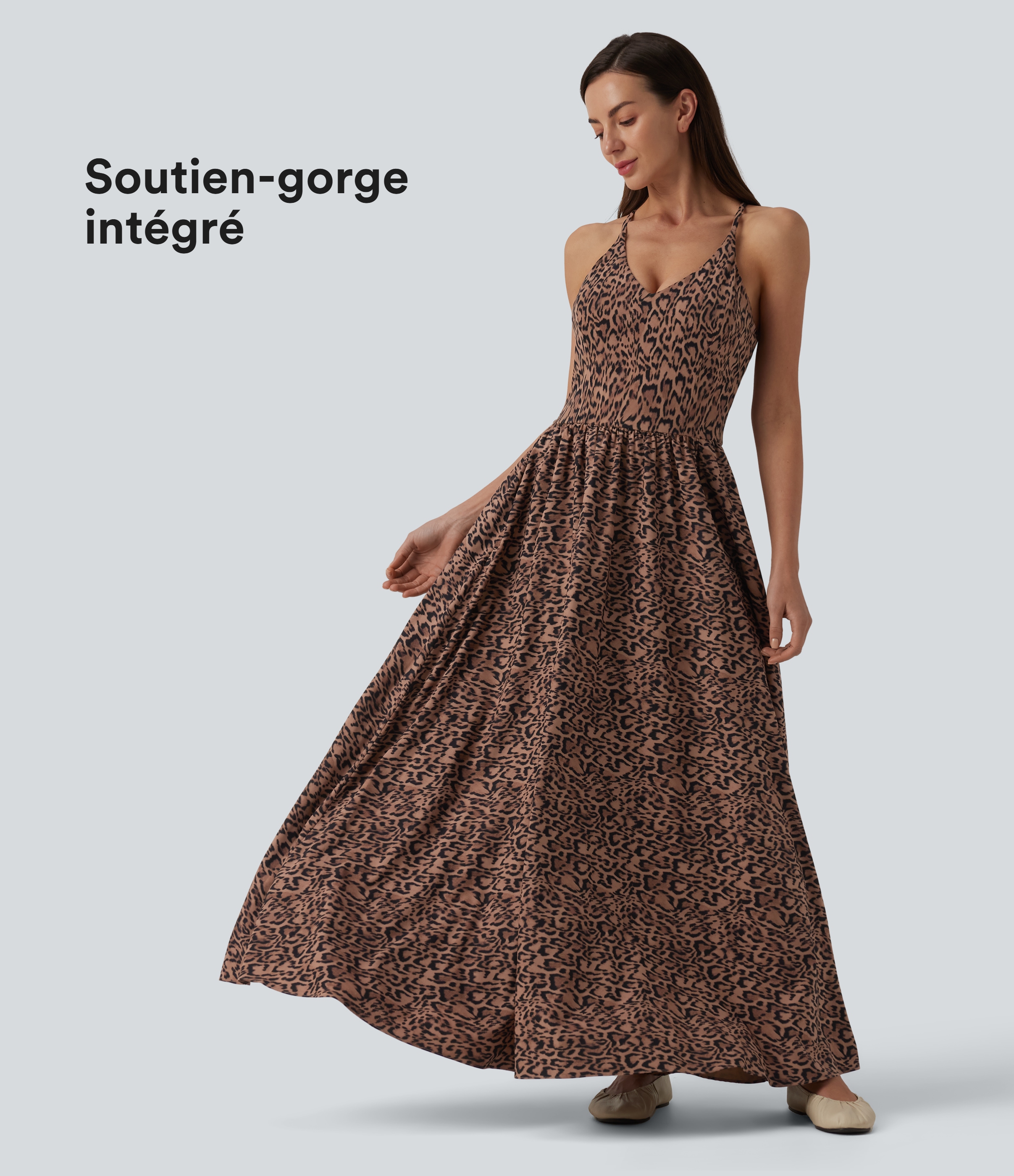 Robe léopard décontractée longue et fluide avec soutien-gorge intégré et poches