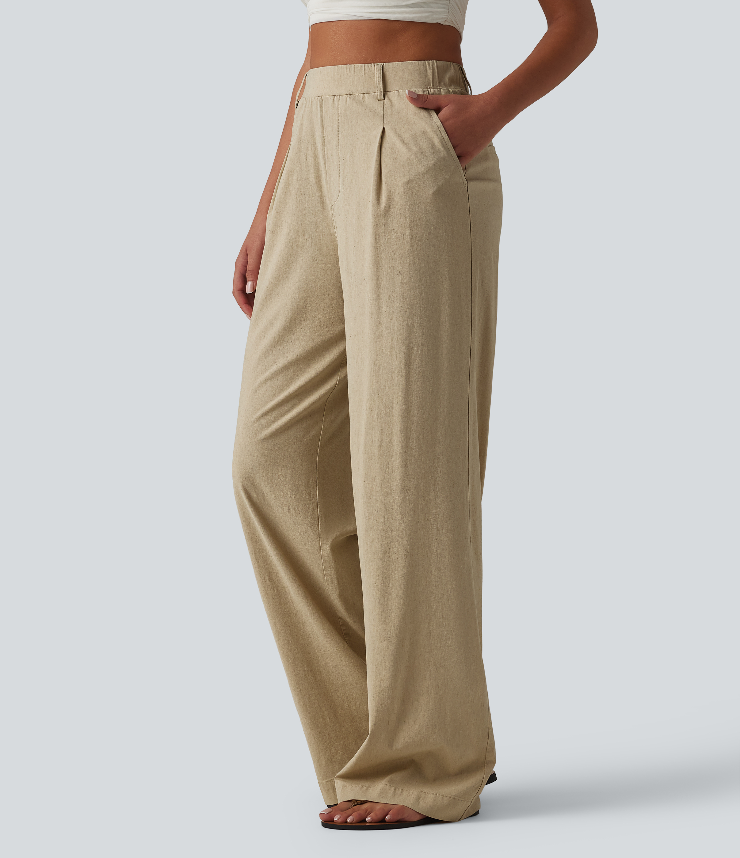 Pantalones de lino elástico, cintura alta y pernera recta, estilo casual, con bolsillos