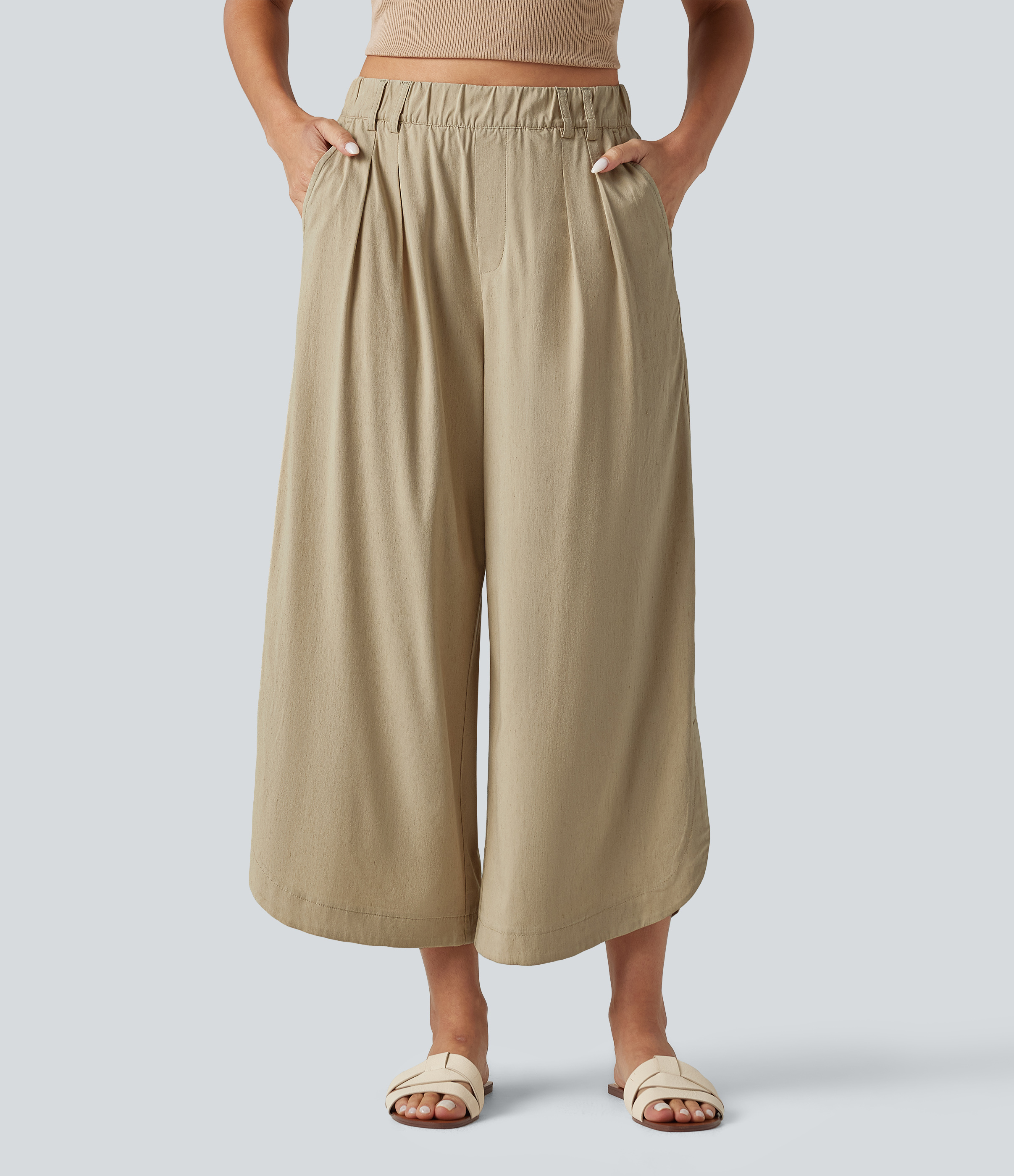 High Waisted Wide Leg Curved Hem Cropped Casual Stretch Linen Pants with Pockets