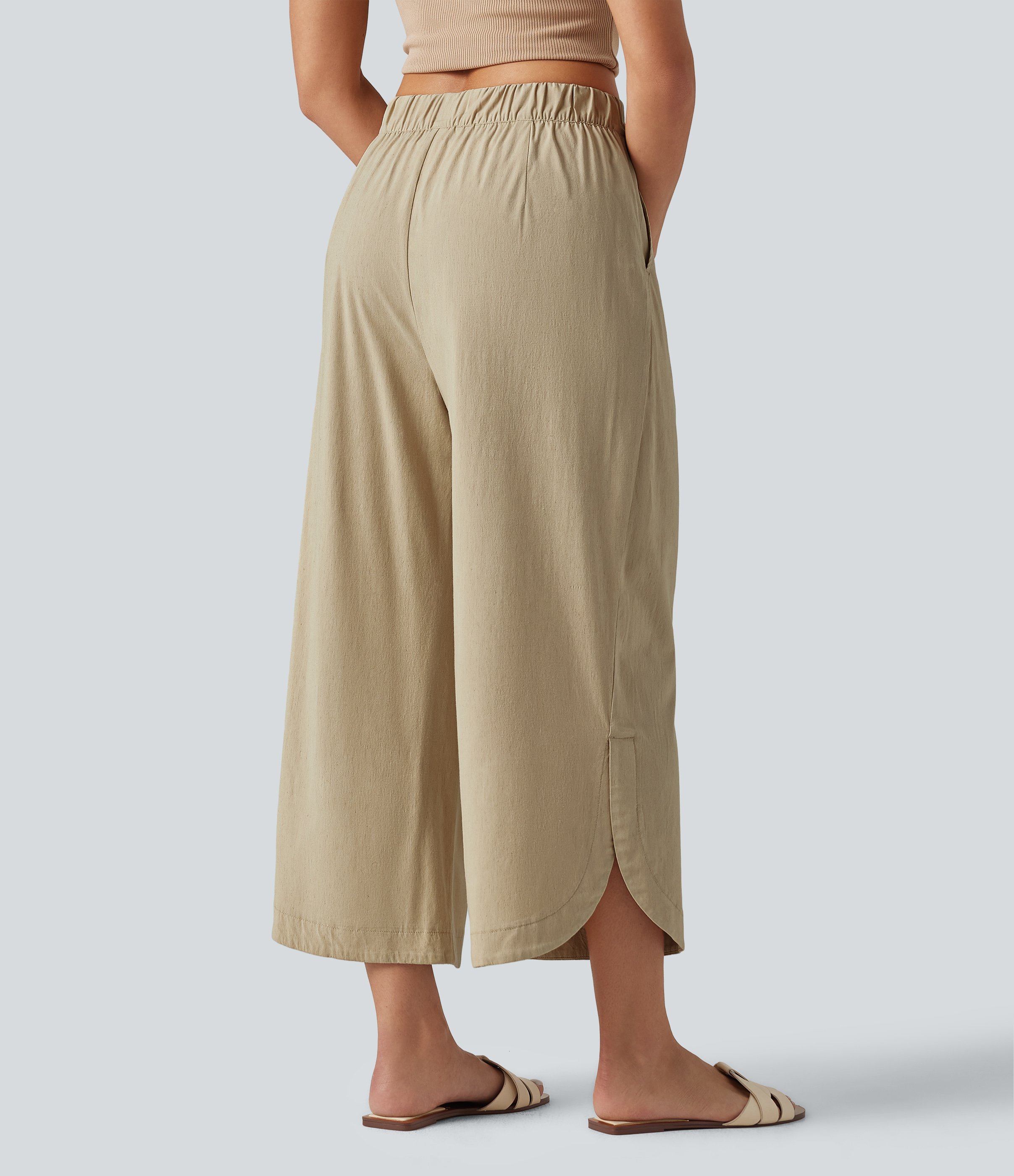 Oatfield Cream High Waisted Wide Leg Curved Hem Cropped Casual Stretch Linen Trousers with Pockets / 2
