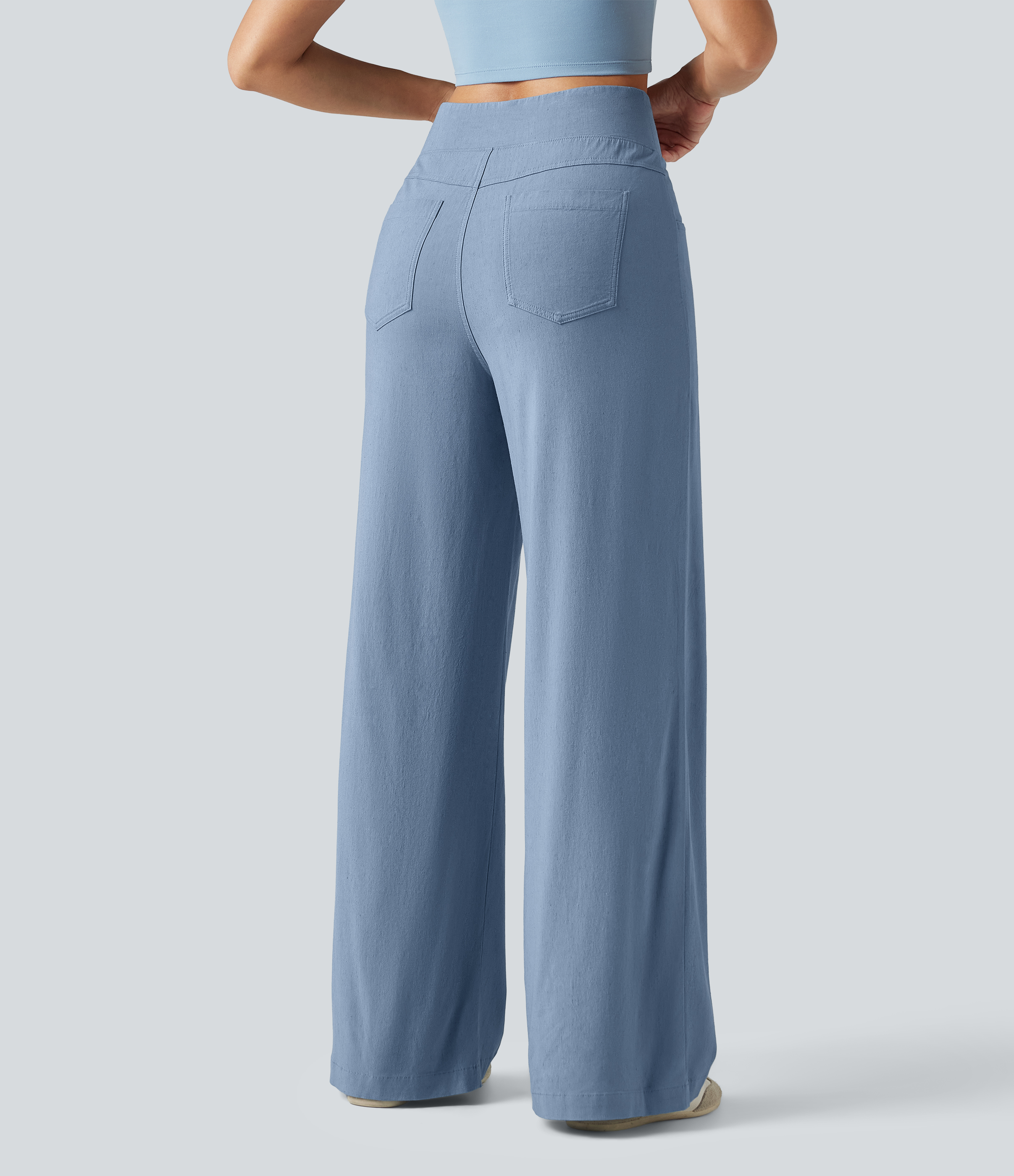 Washed Cloud Blue Pantalon large fluide décontracté en lin stretch taille haute gainant avec poches / 2