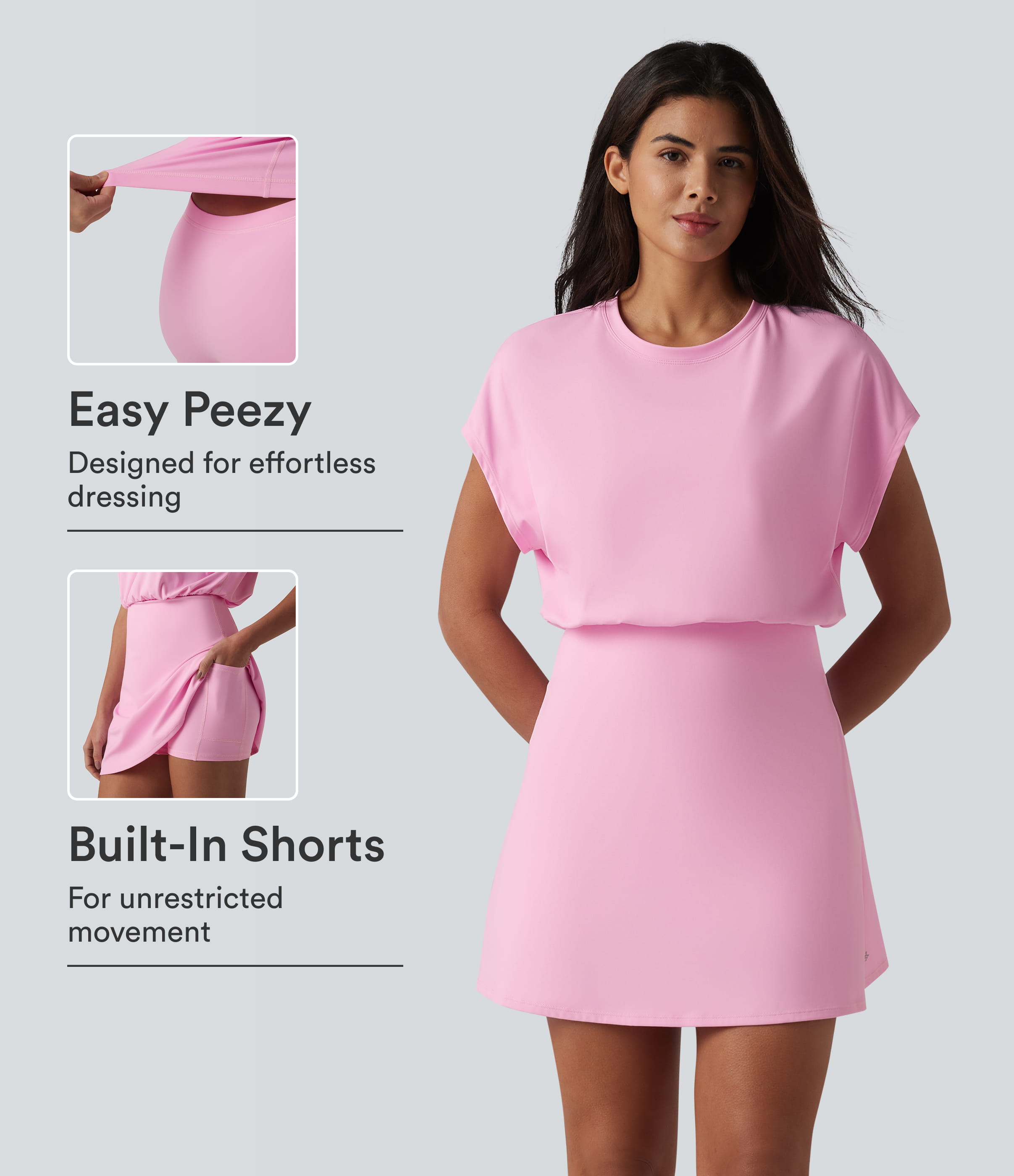 SoftlyZero™ Airy Round Neck Short Sleeve 2-in-1 Cool Touch Mini Yoga Active Dress with Pockets-asy Peezy Edition