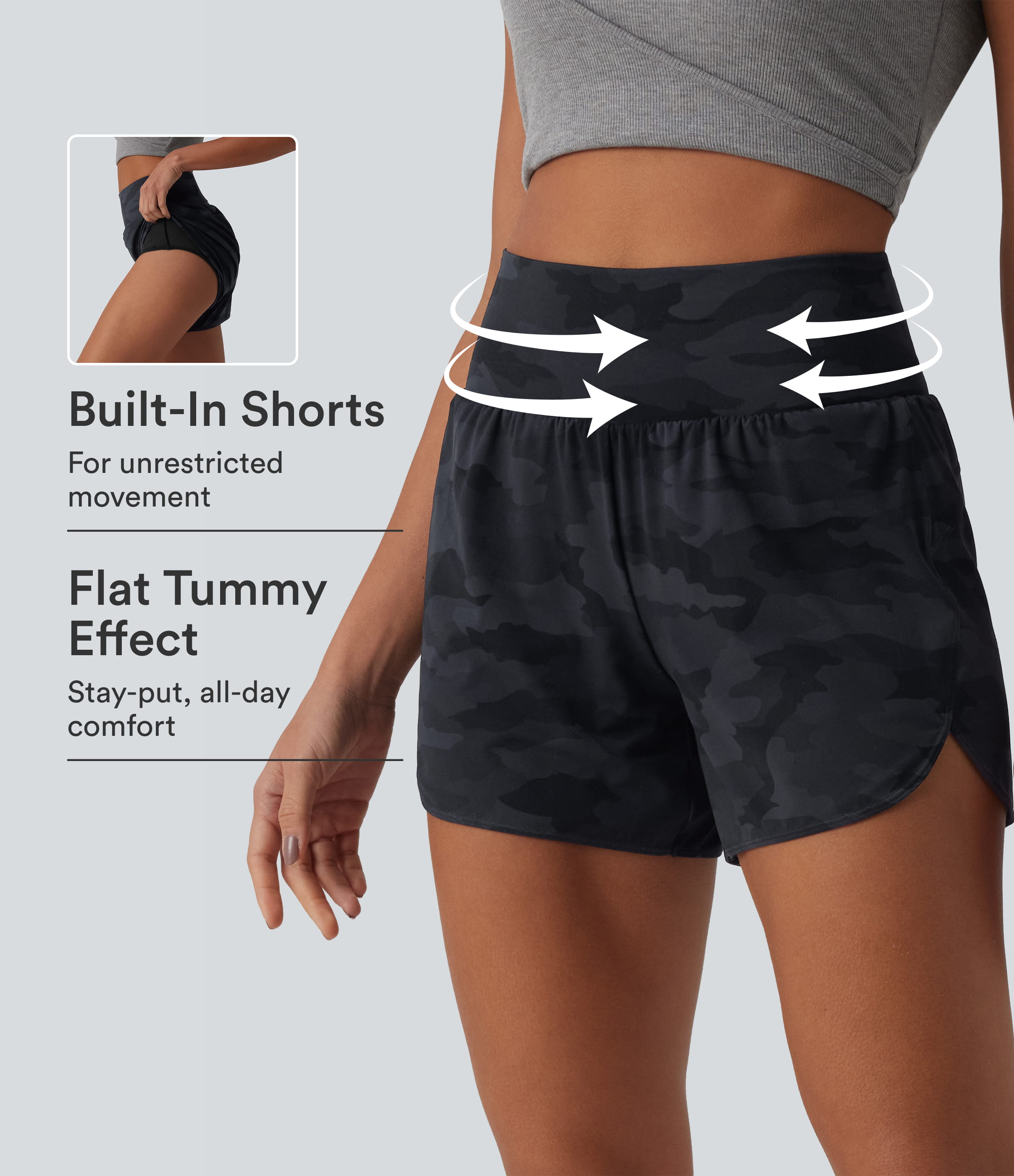 Halara UltraSculpt™ Camo Print High Waisted Tummy Control Curved Hem 2-in-1 Running Shorts with Pocket
