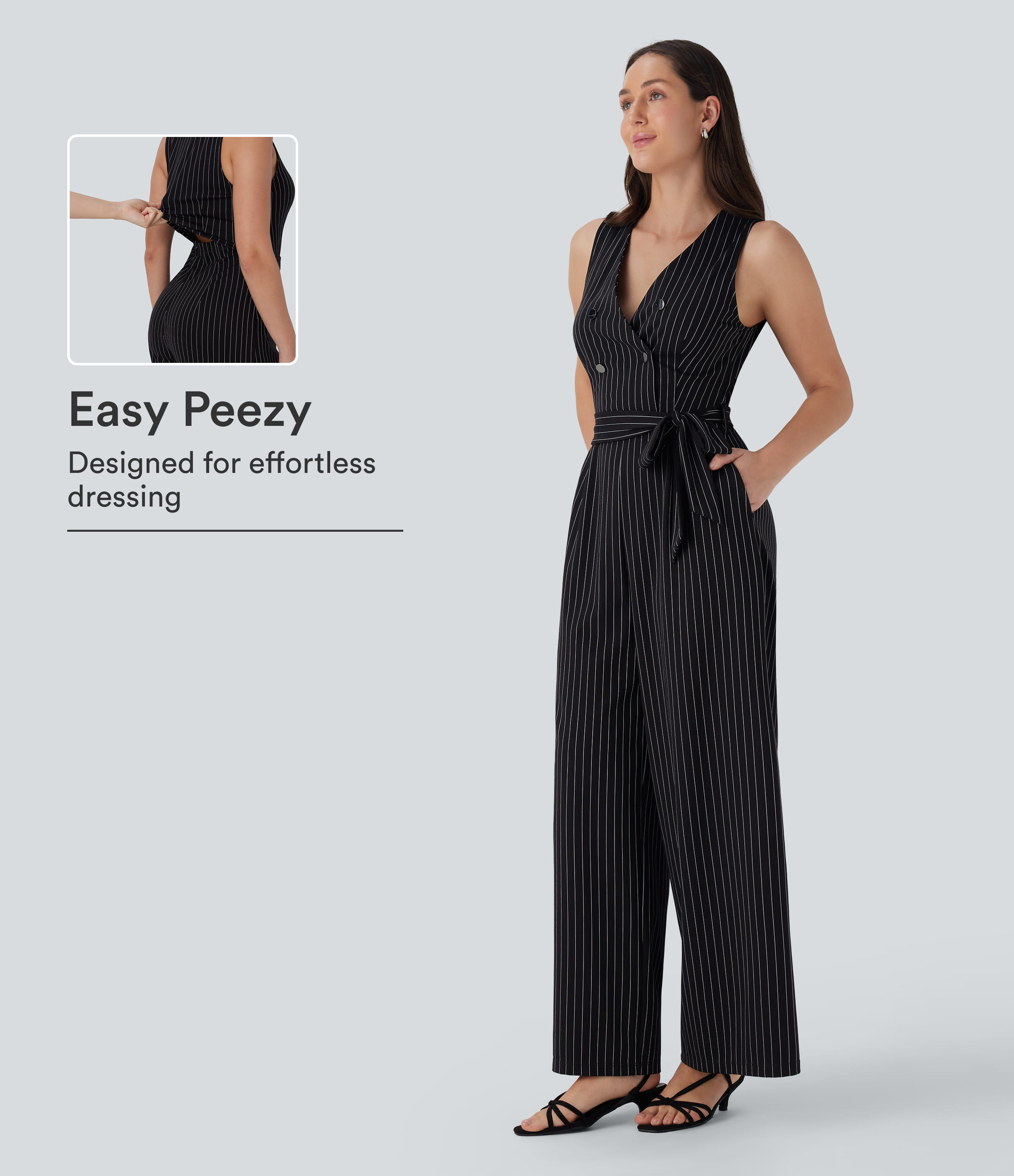 V Neck Sleeveless Belted Stripe Cool Touch Work Jumpsuit with Pockets-Easy Peezy