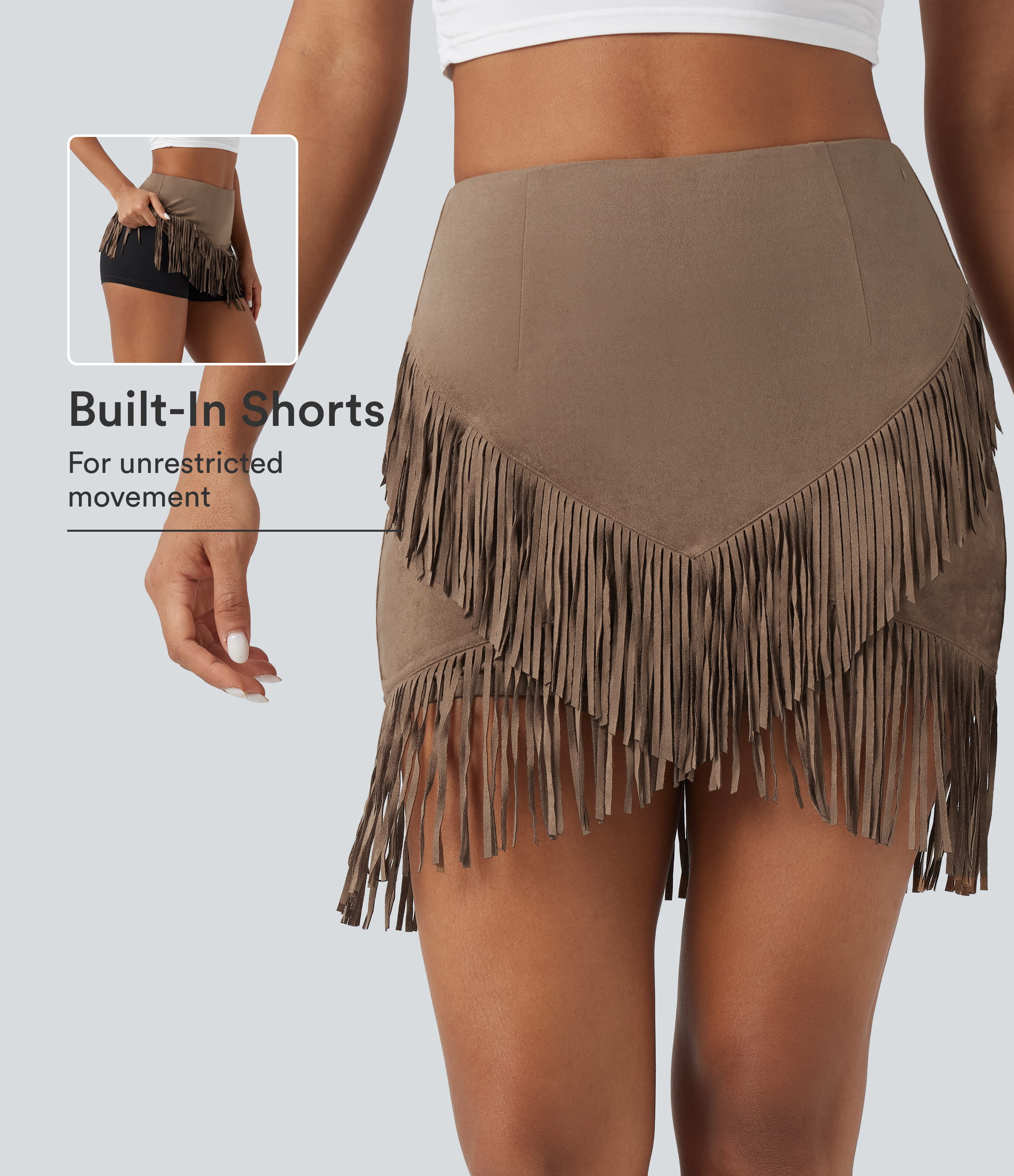 High Waisted 2-in-1 Fringe Hem Bodycon Mini Suede Casual Skirt