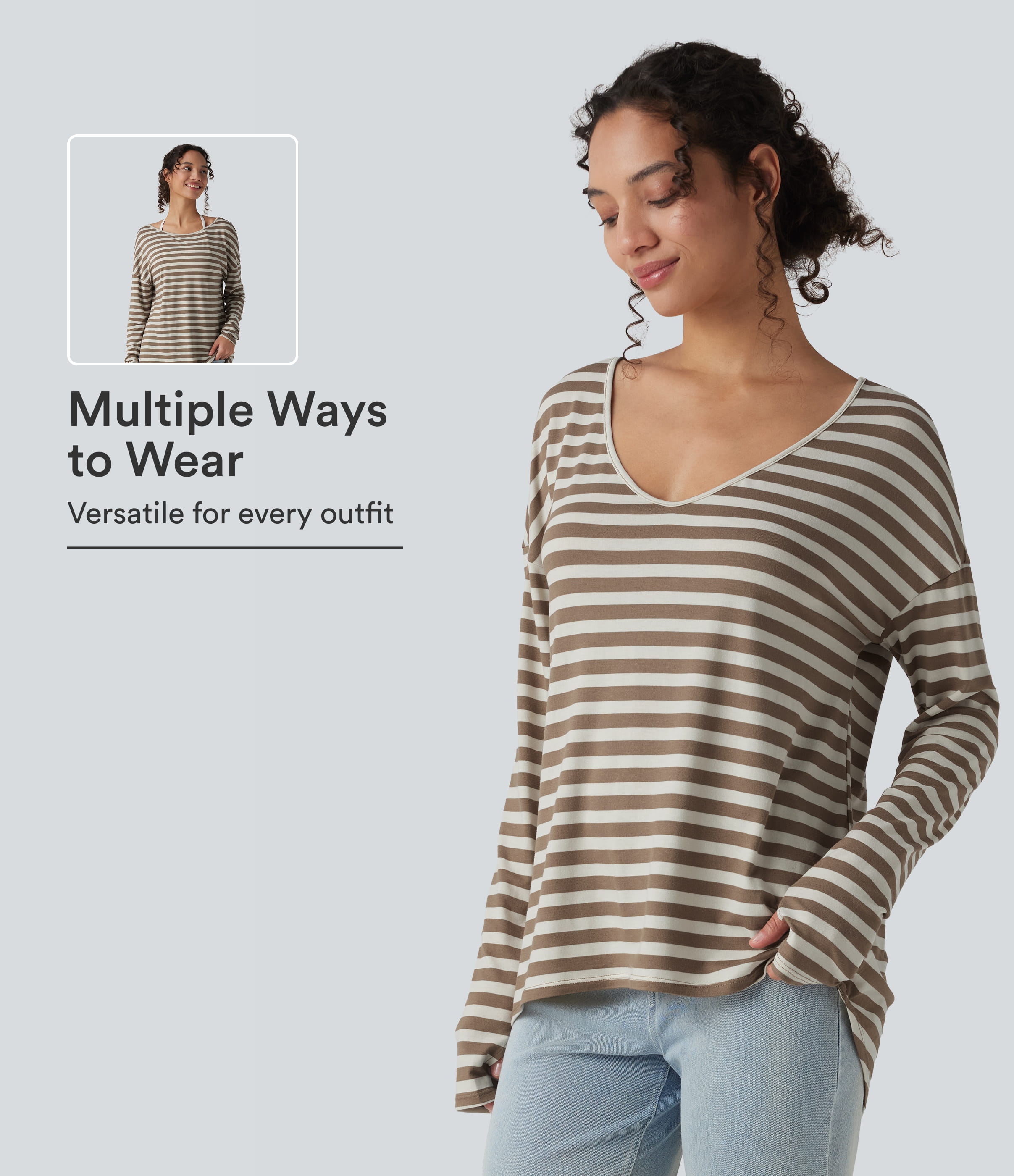 Deep V-neck Long Sleeve Thumb Holes Stripes Relaxed T-Shirt-Front and Back Wearable