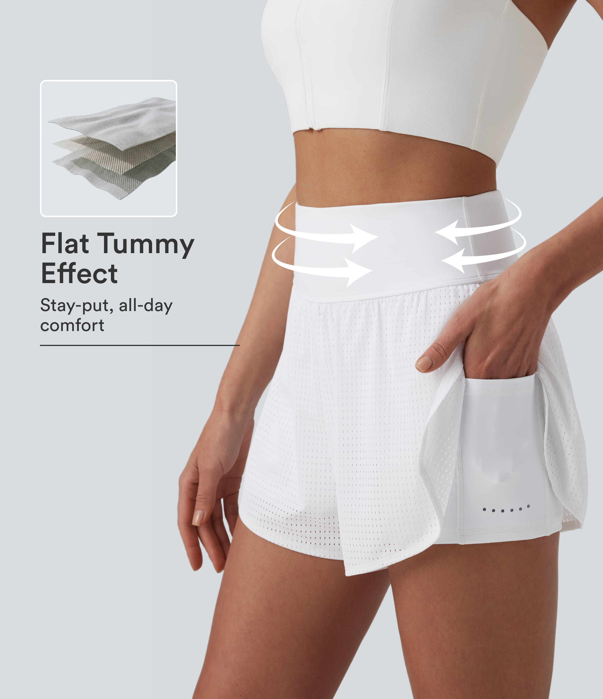 High-Waist-Yoga-Shorts mit bauchformender Stütze, reflektierenden Punkten, überkreuztem, geschwungenem Saum — 2-in-1-Design mit Ösen und Taschen