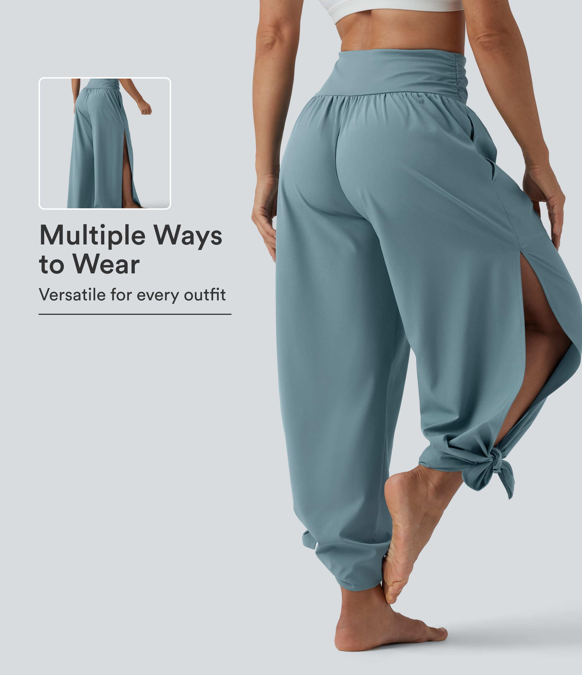 Breezeful™ High Waisted Ruched Split Quick Dry Resort Flowy Pants with Pockets