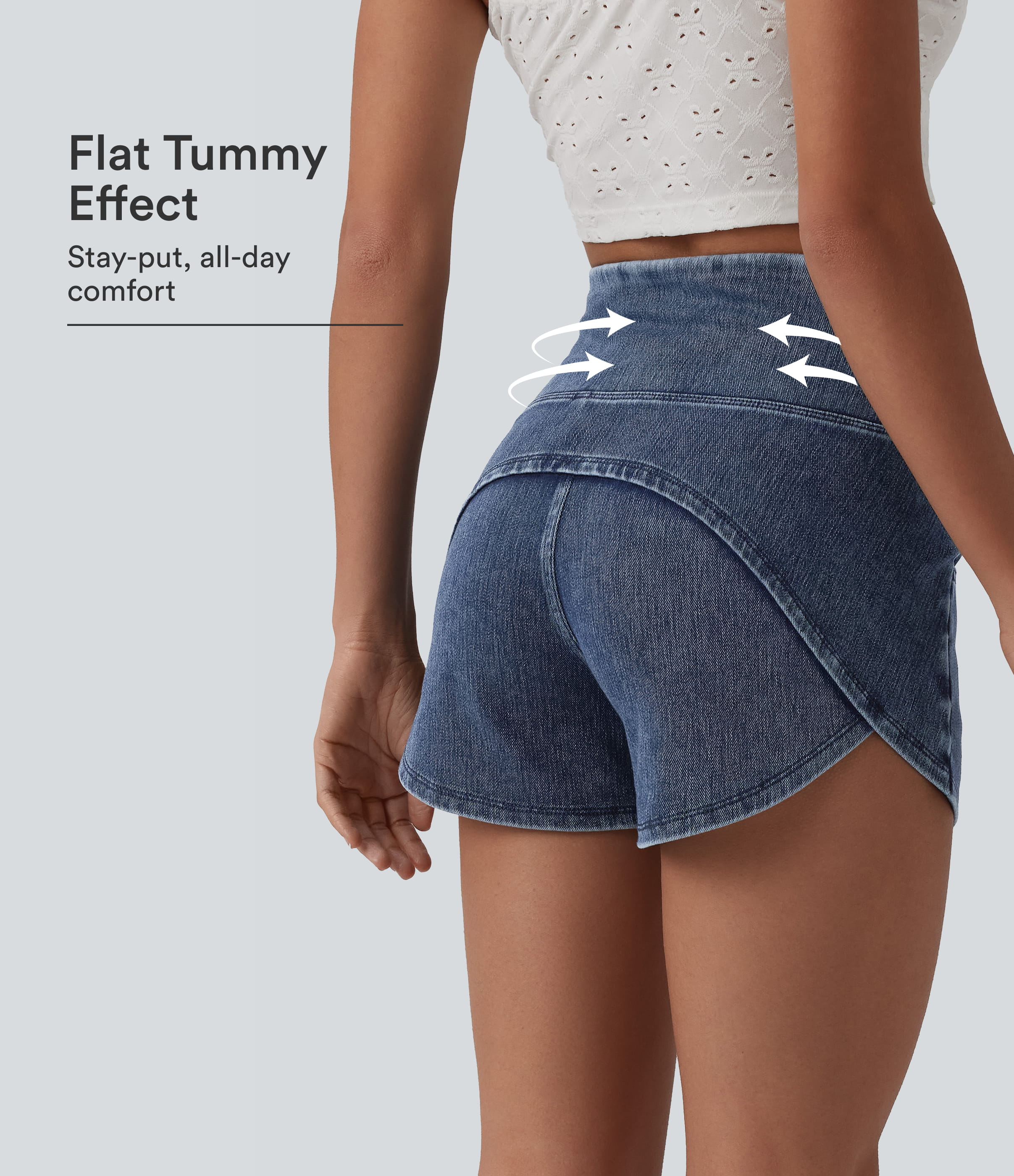 Halara Flex™ High Waisted Tummy Control Curved Hem Skinny Denim Casual Shorts with Pockets