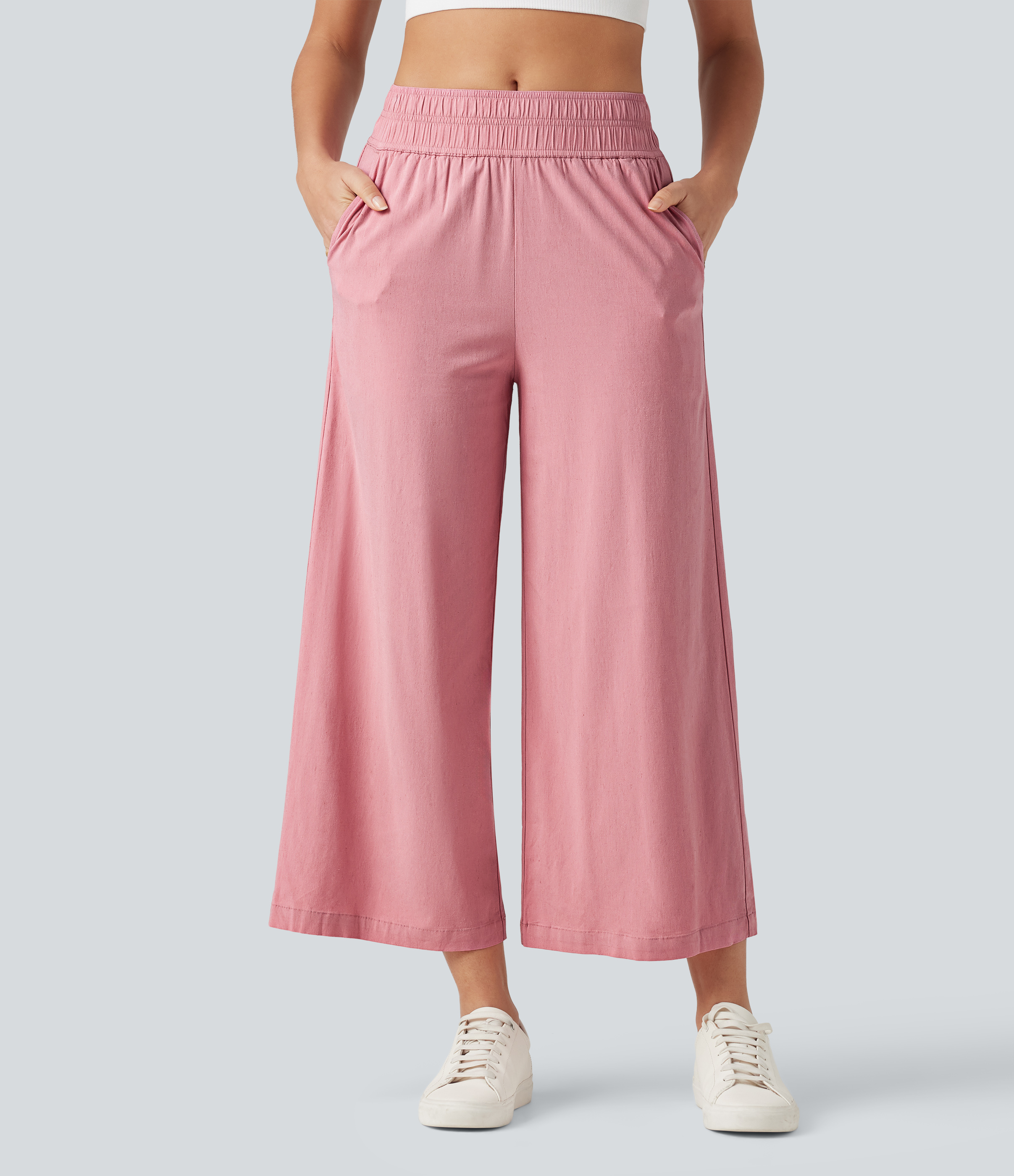 Mid Rise 7/8 Casual Stretch Linen Baggy Pants with Pockets
