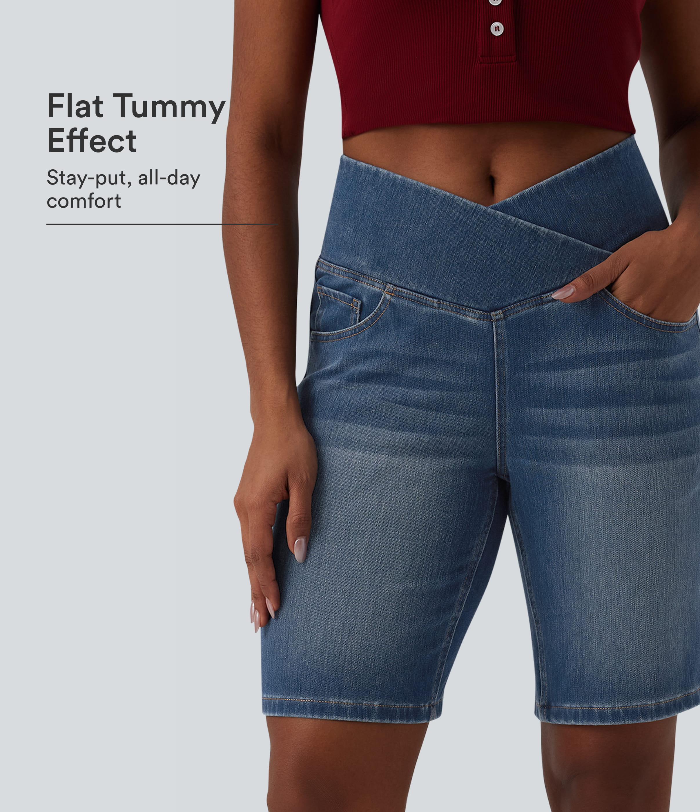 Halara Flex™ High Waisted Crossover Tummy Control Denim Casual Shorts with Pockets