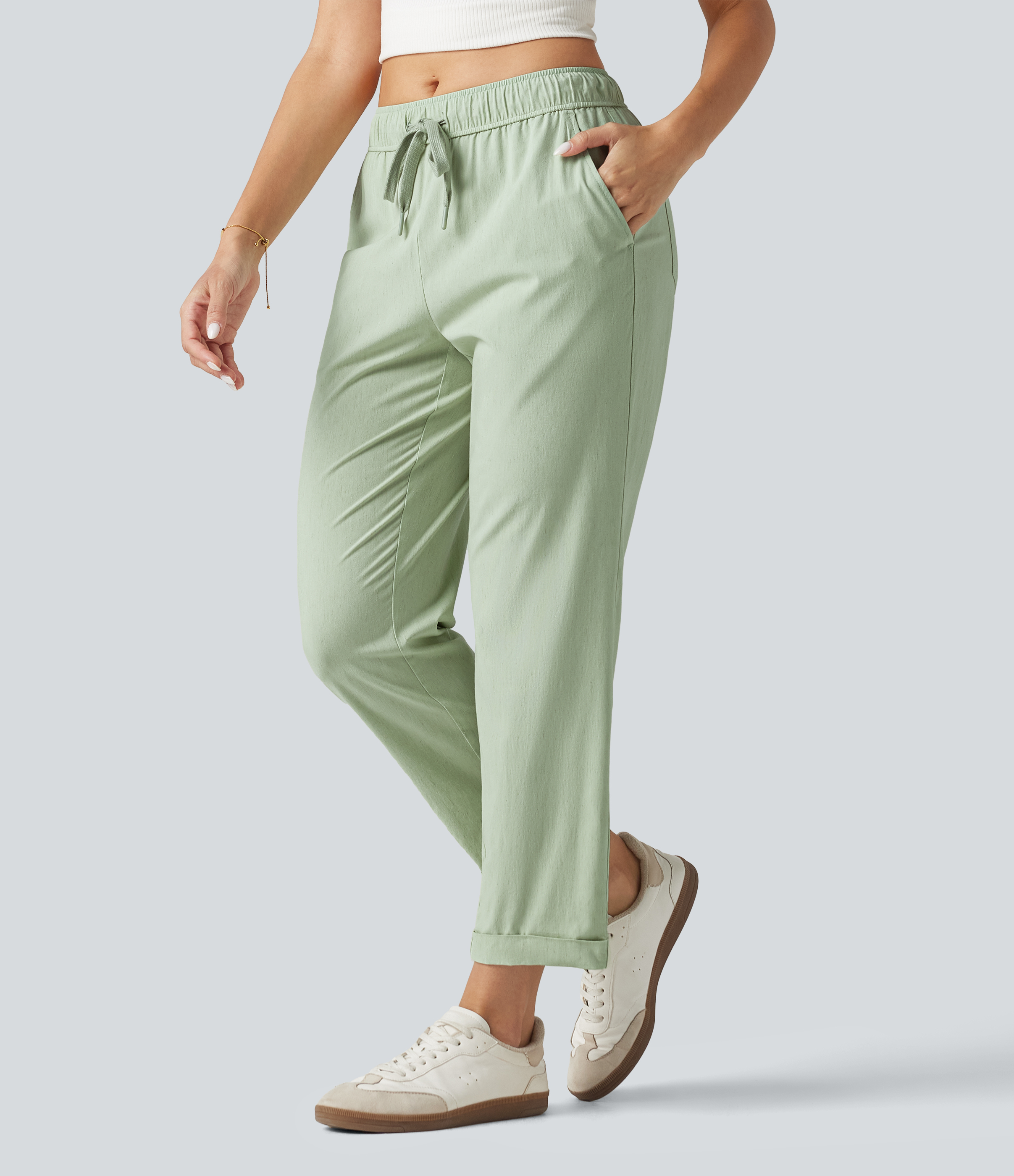 Mid Rise Drawstring Casual Stretch Linen Slim Pants with Pockets