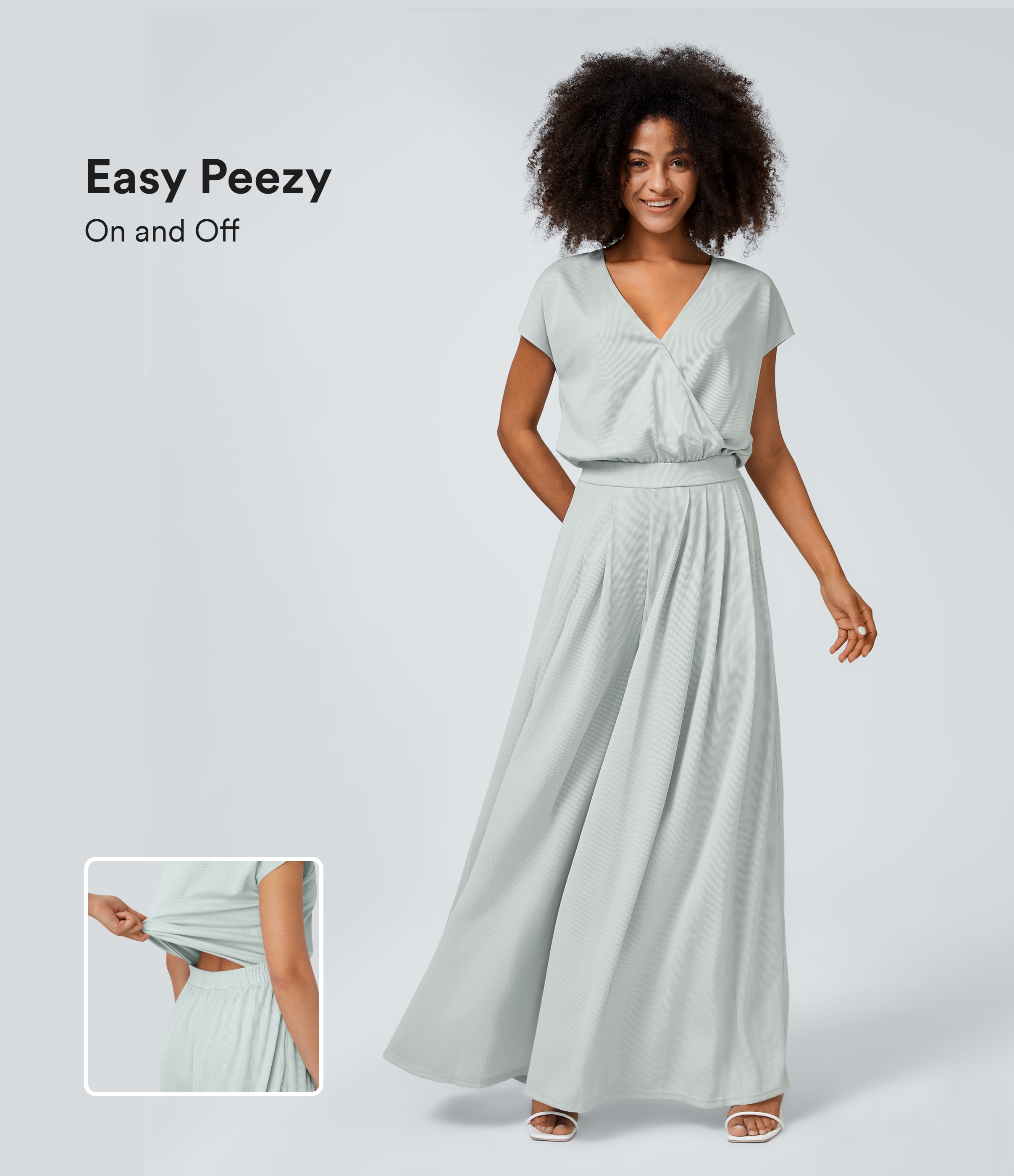 V-Ausschnitt, kurze Ärmel, Seitentasche, weites Bein, fließender Waffel-Jumpsuit, lässiger Jumpsuit – Easy Peezy Edition