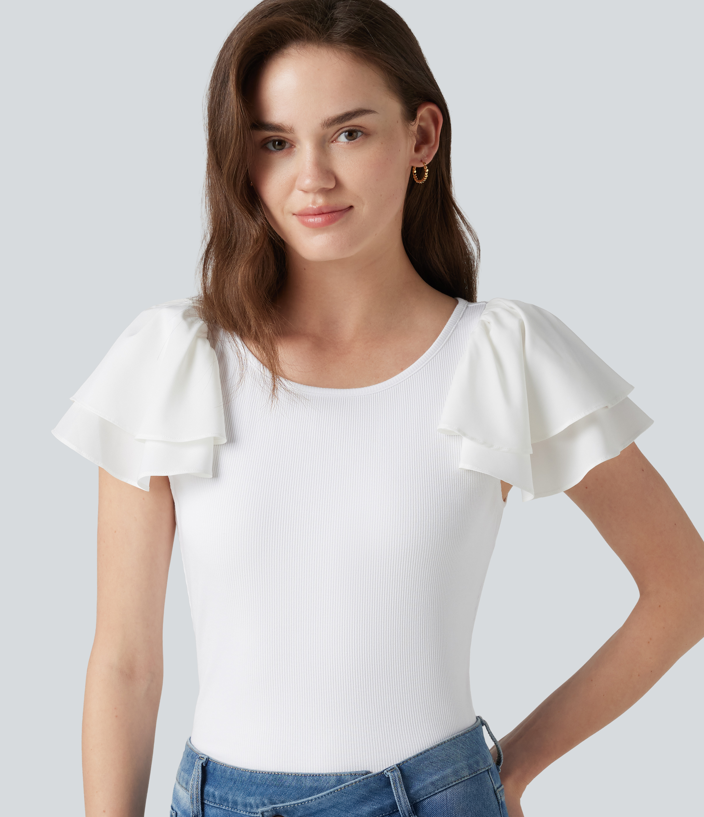 Round Neck Tiered Flounce Sleeve Casual Blouse