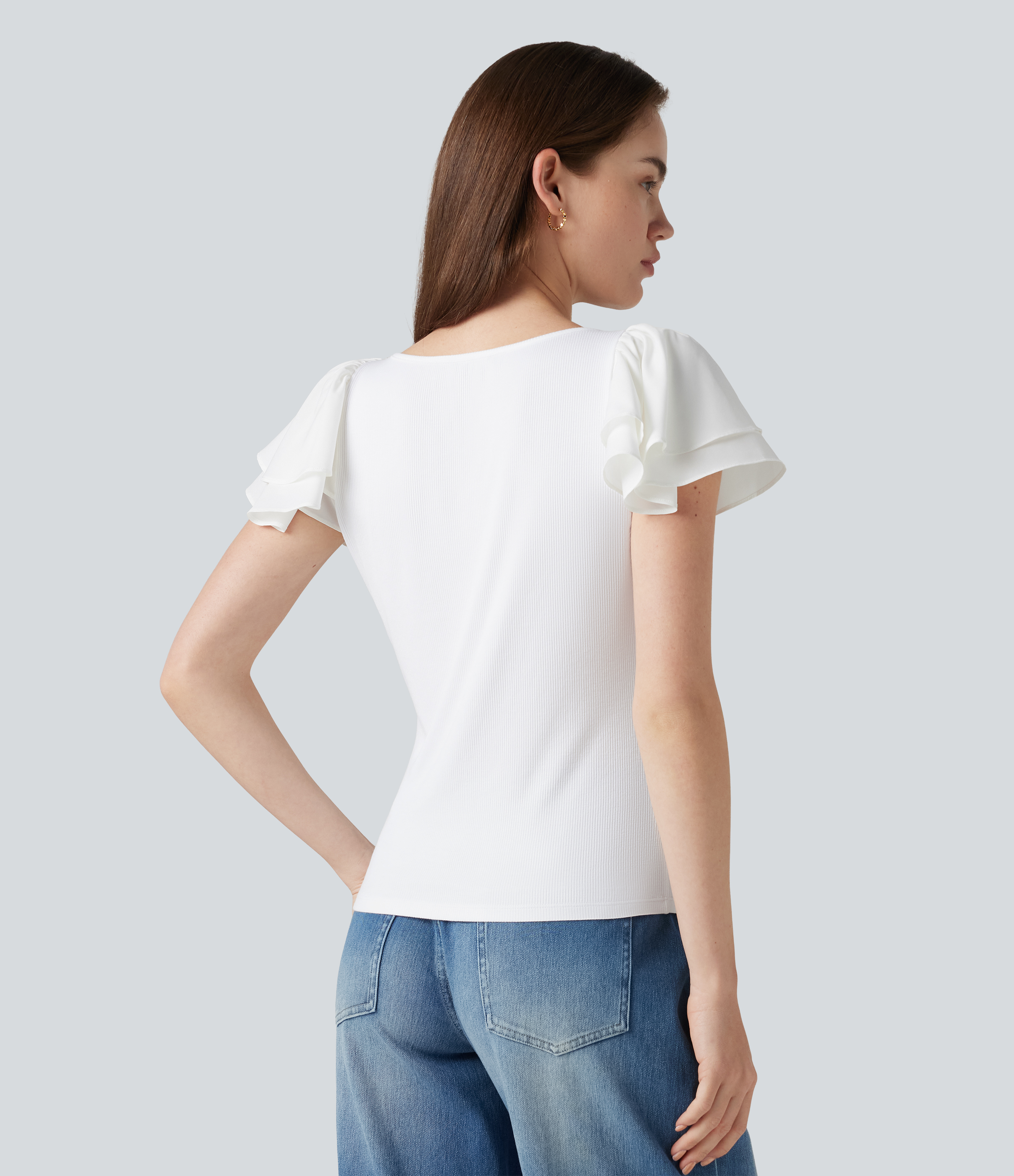 White Round Neck Tiered Flounce Sleeve Casual Blouse / 2