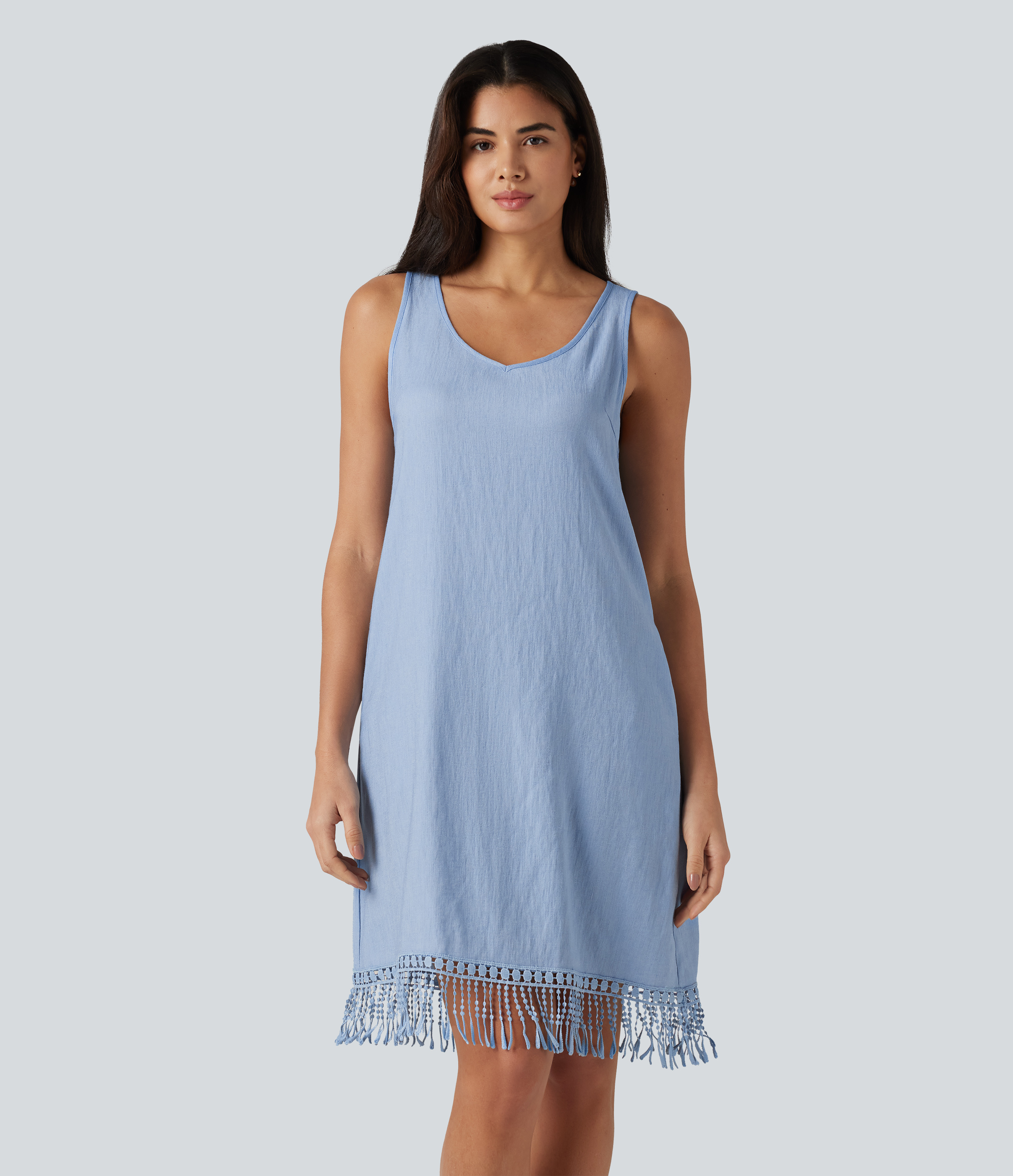V Neck Sleeveless Fringe Hem Mini Dress