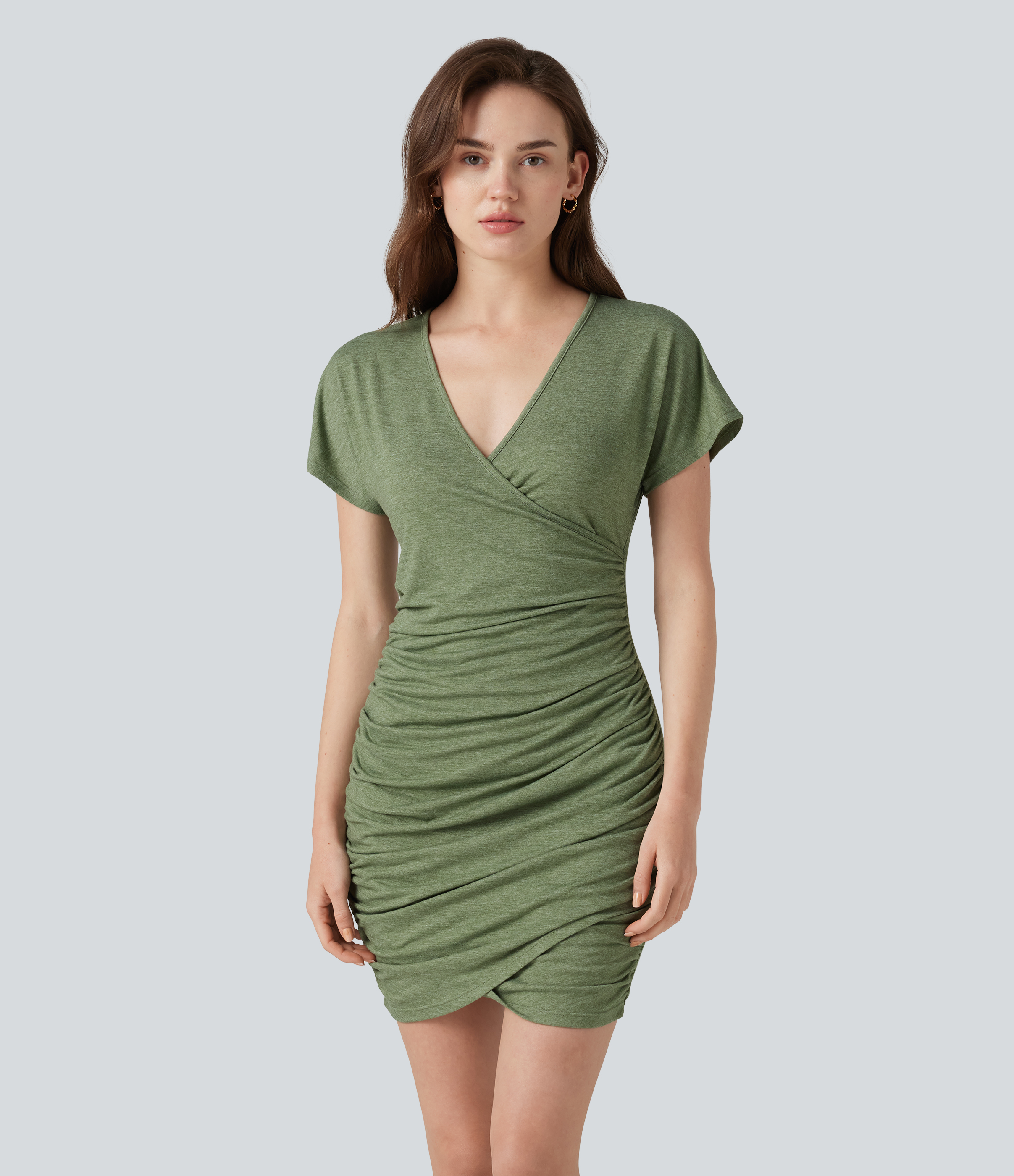 V-neck Short Sleeve Ruched Crossover Hem Mini Casual Bodycon Dress