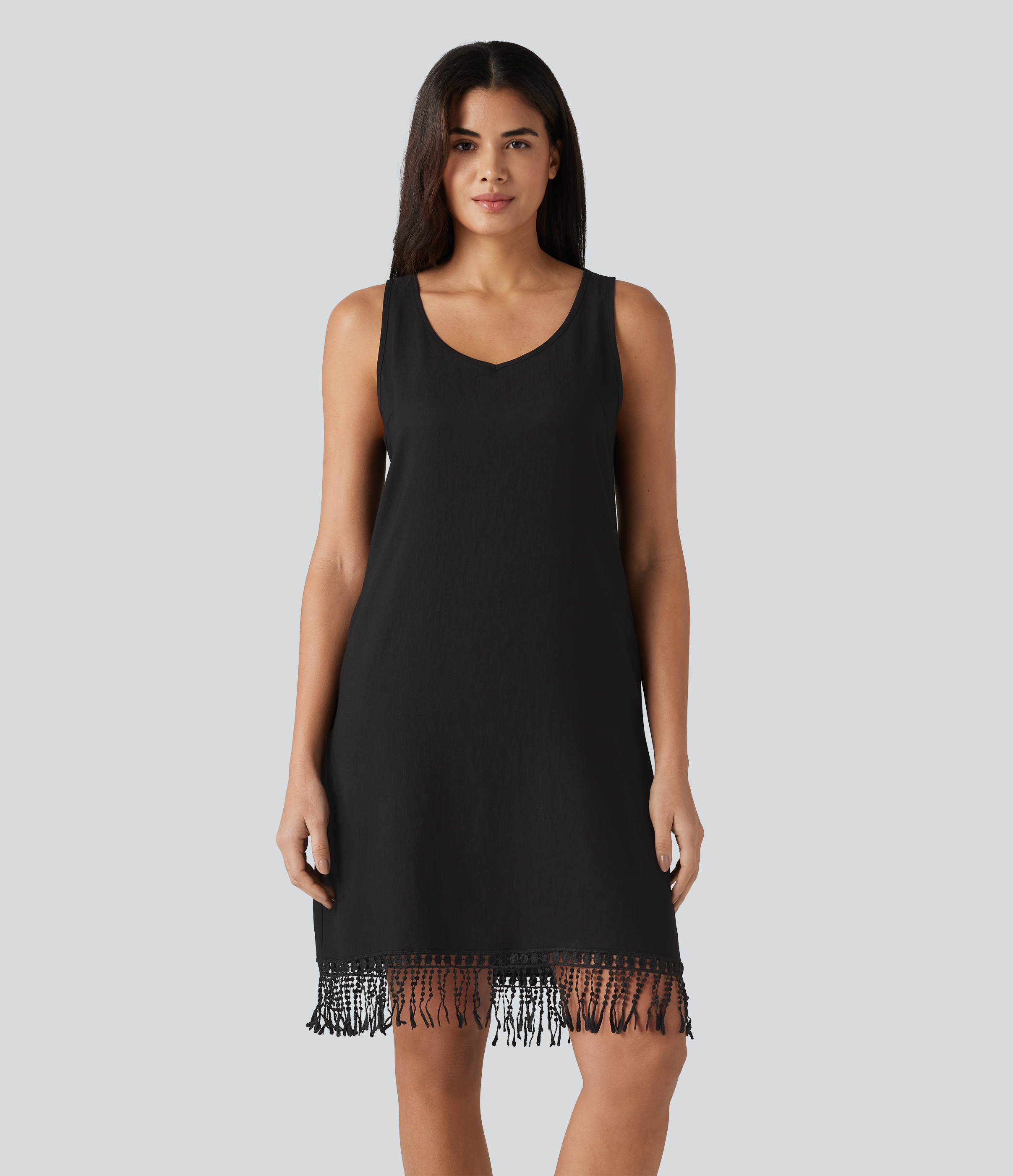 V Neck Sleeveless Fringe Hem Mini Dress