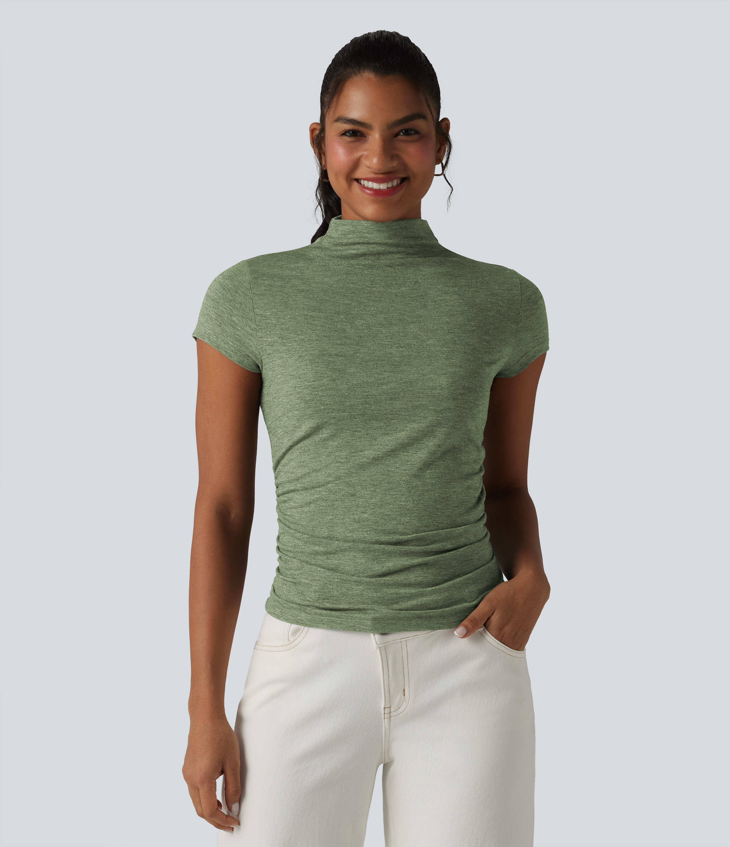 Mock-neck Short Sleeve Ruched Casual T-Shirt