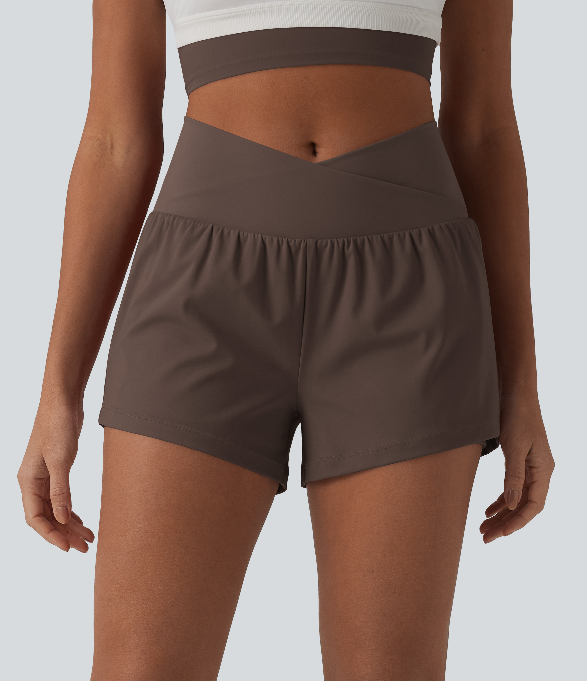SoftlyZero™ Airy Crossover High Waisted 2-in-1 Cool Touch Yoga Shorts 3'' with Pockets