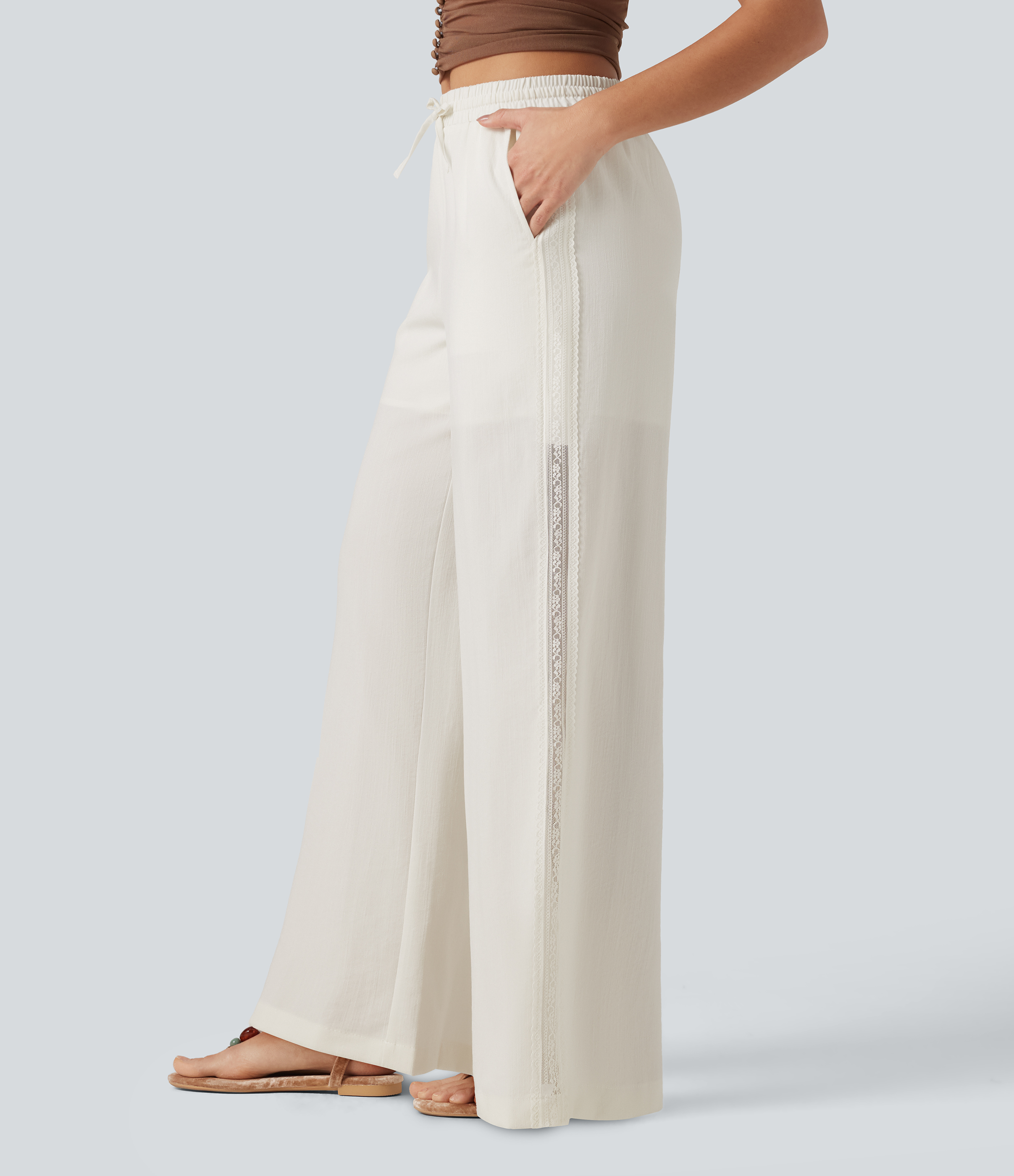 Mid Rise Drawstring Contrast Lace 2-in-1 Casual Linen-Feel Baggy Pants with Pockets