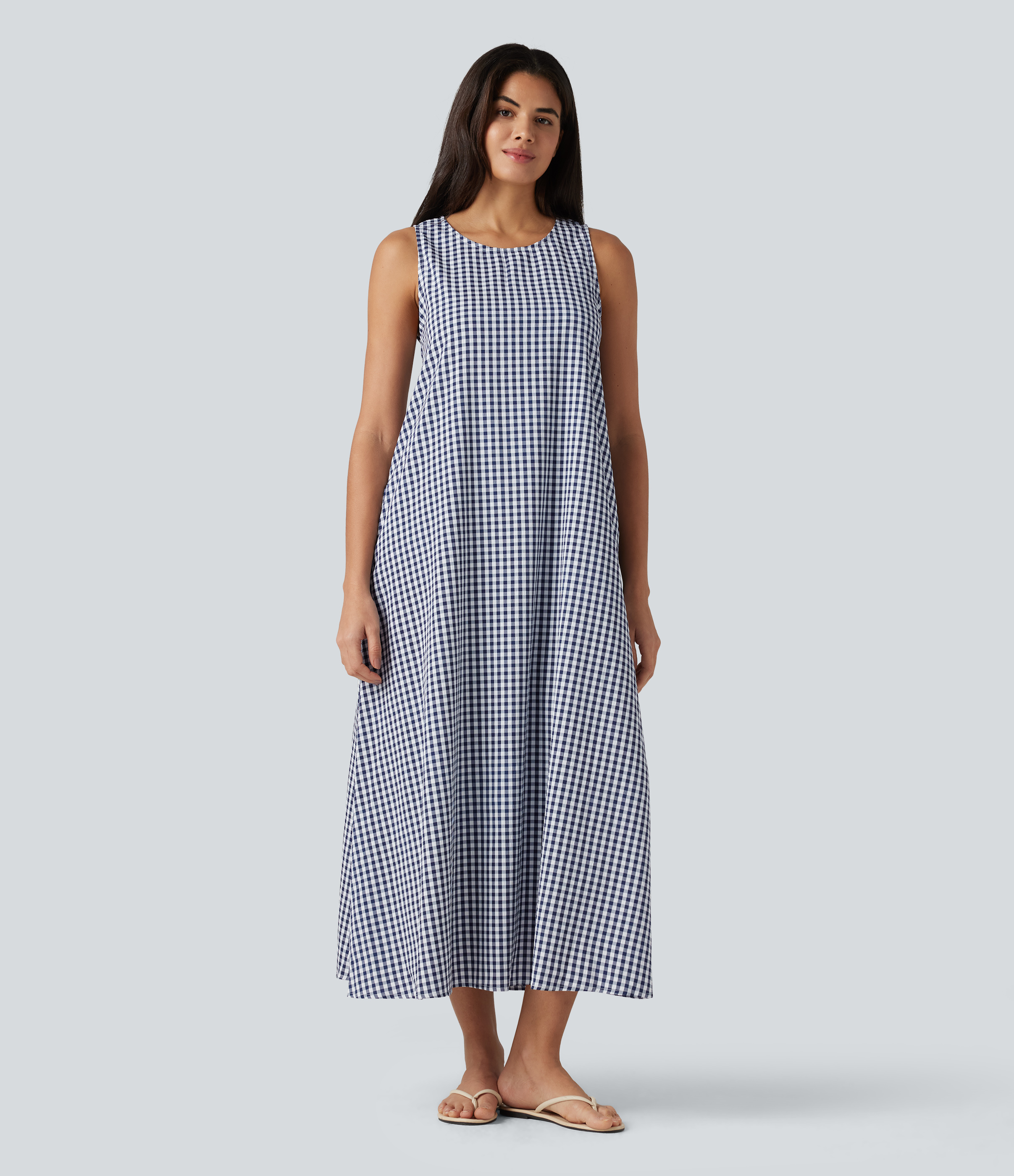 Round Neck Sleeveless Midi Crinkle Gingham Casual Tank Dress with Pockets