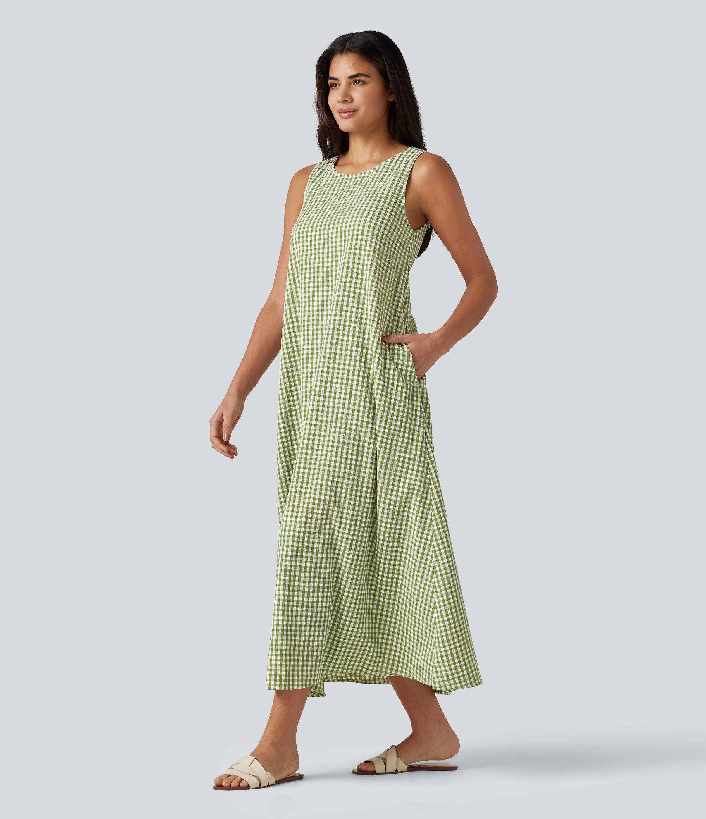 Round Neck Sleeveless Midi Crinkle Gingham Casual Tank Dress with Pockets