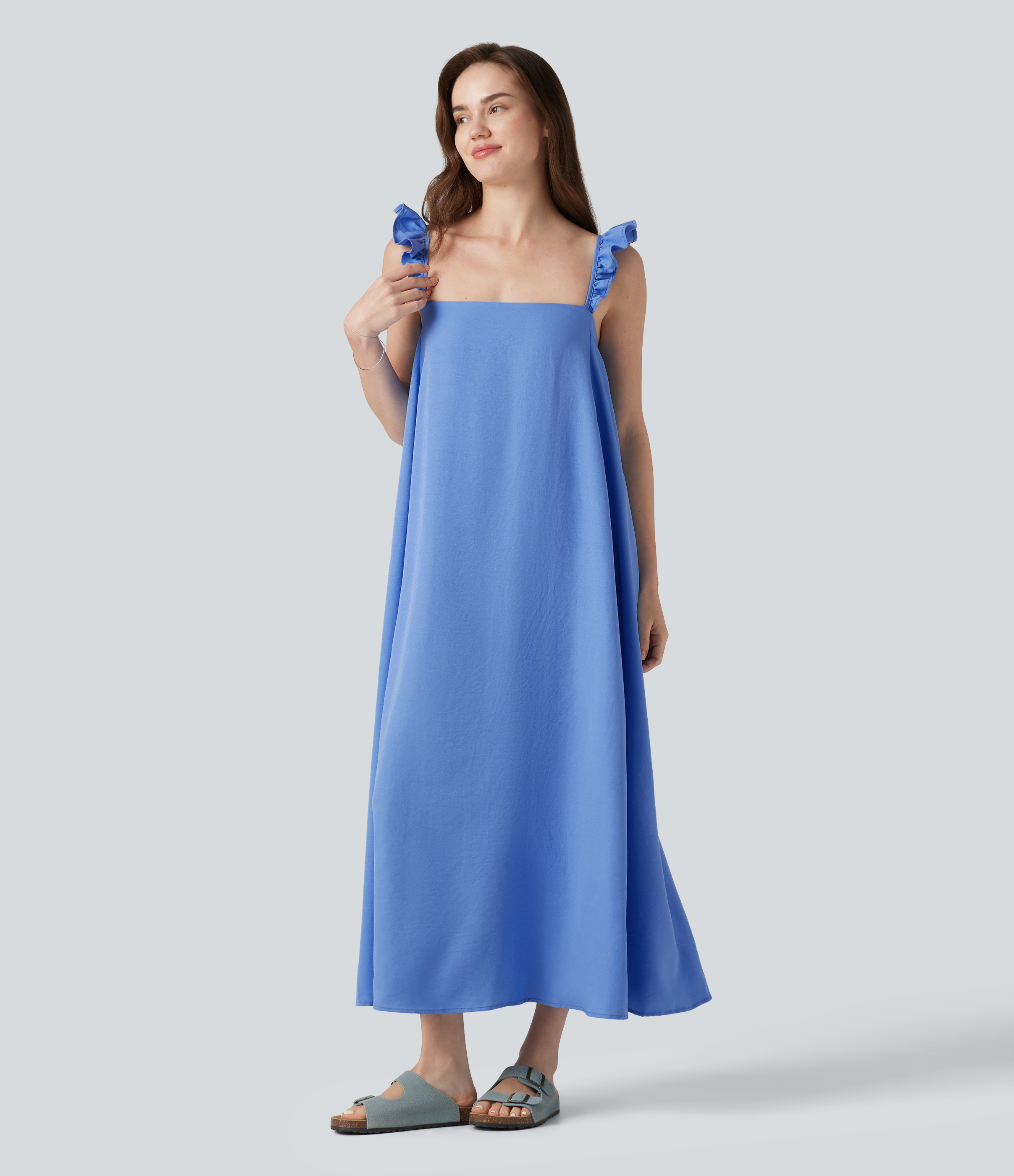 Square Neck Ruffle Trim Sleeveless Midi Casual Flowy Dress with Pockets