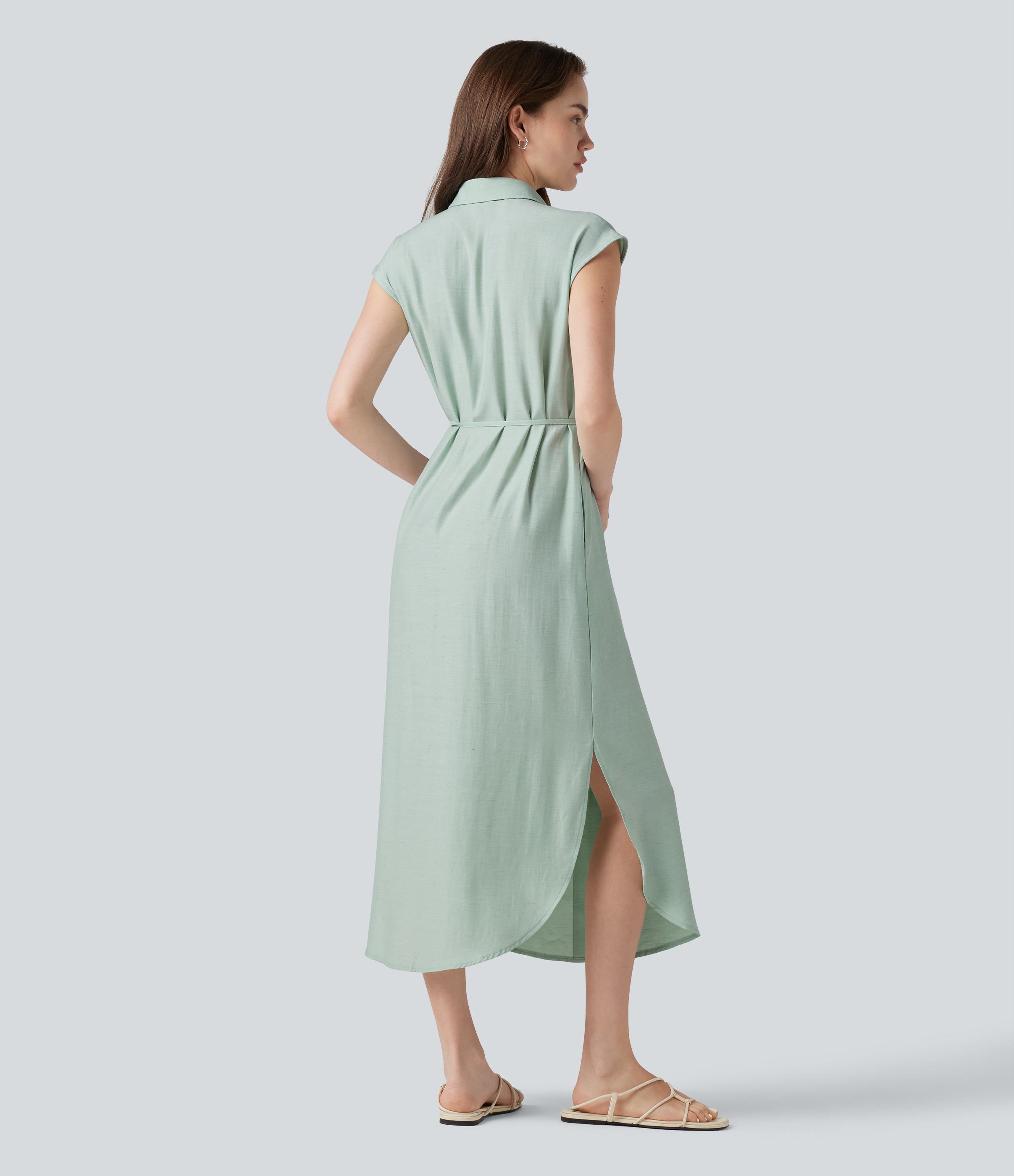 Smoke Lässiges Hemd-Midikleid aus Leinenmischung mit Kragen, mehreren Taschen, kurzen Ärmeln, Gürtel, Schlitz und abgerundetem Saum / 2