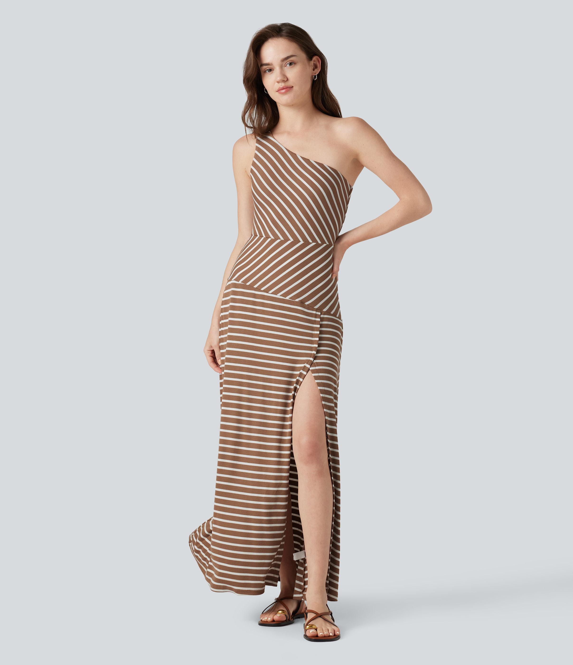 Ribbed Knit One Shoulder Sleeveless Stripe Maxi Casual Dress with Pocket