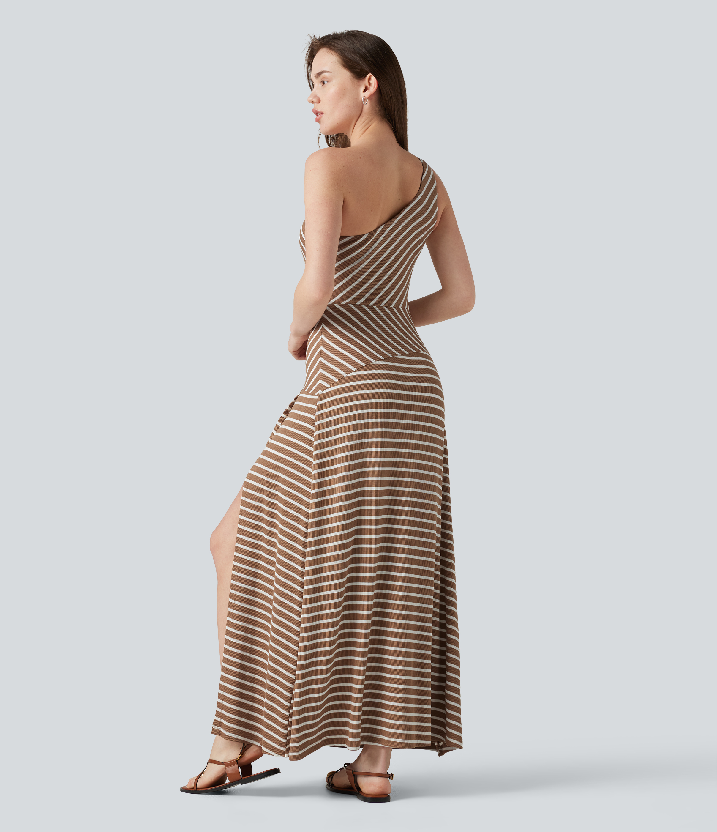 Birch Stripe Ribbed Knit One Shoulder Sleeveless Stripe Maxi Casual Dress with Pocket / 2