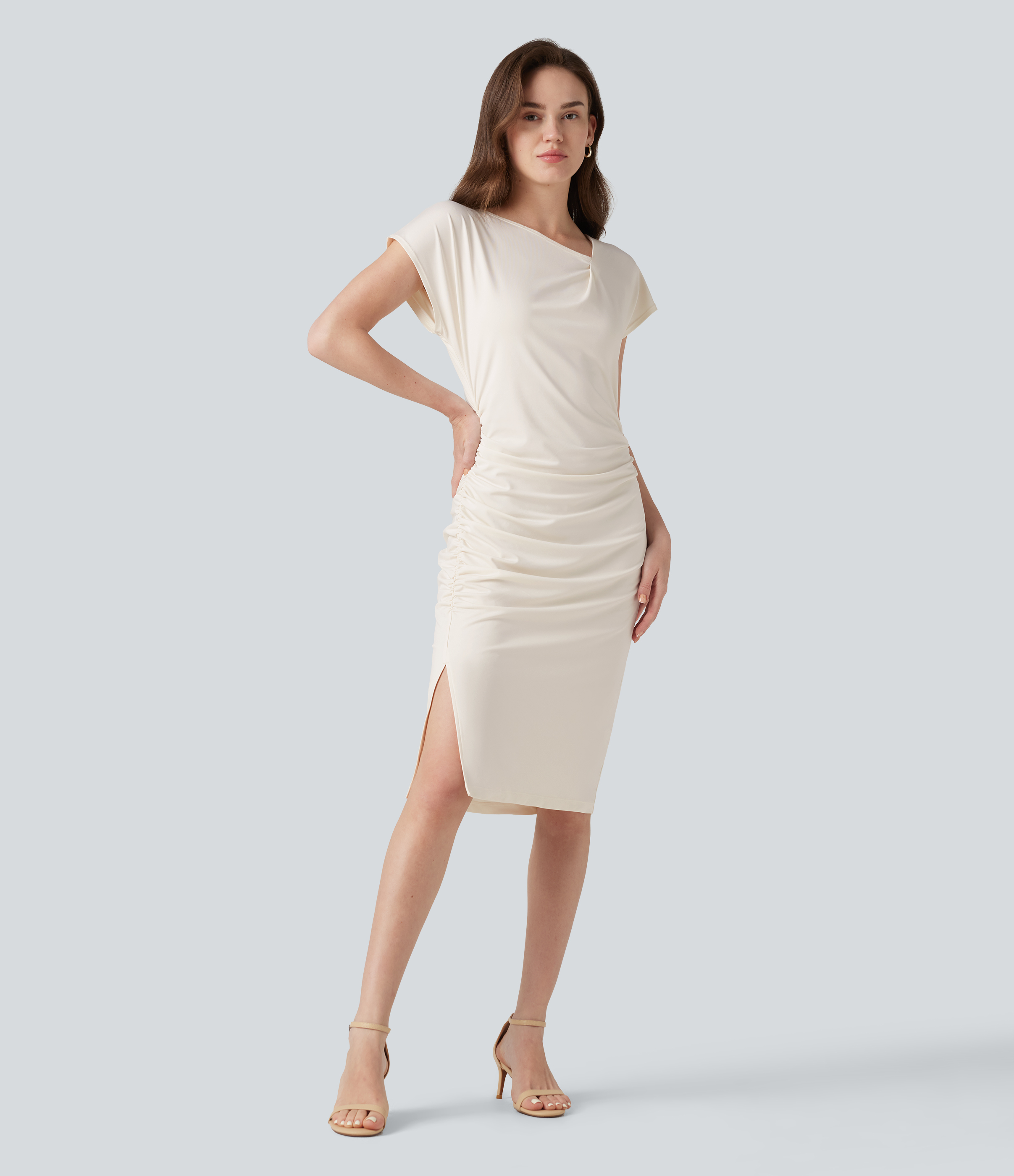 Asymmetric Cowl Neck Short Sleeve Ruched Split Hem Work Dress