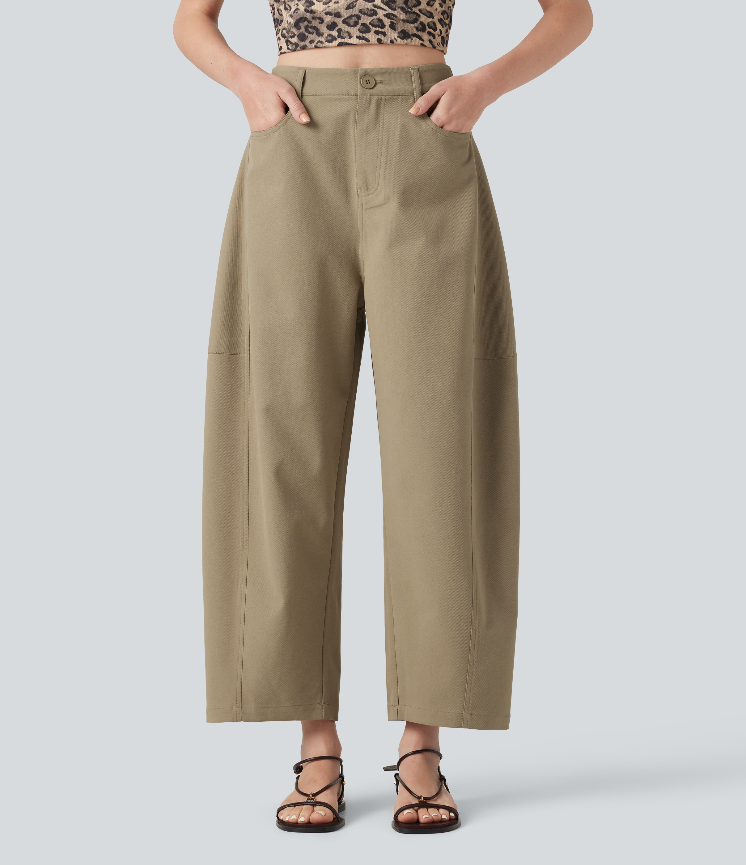 High Waisted Casual Barrel Leg Pants with Pockets