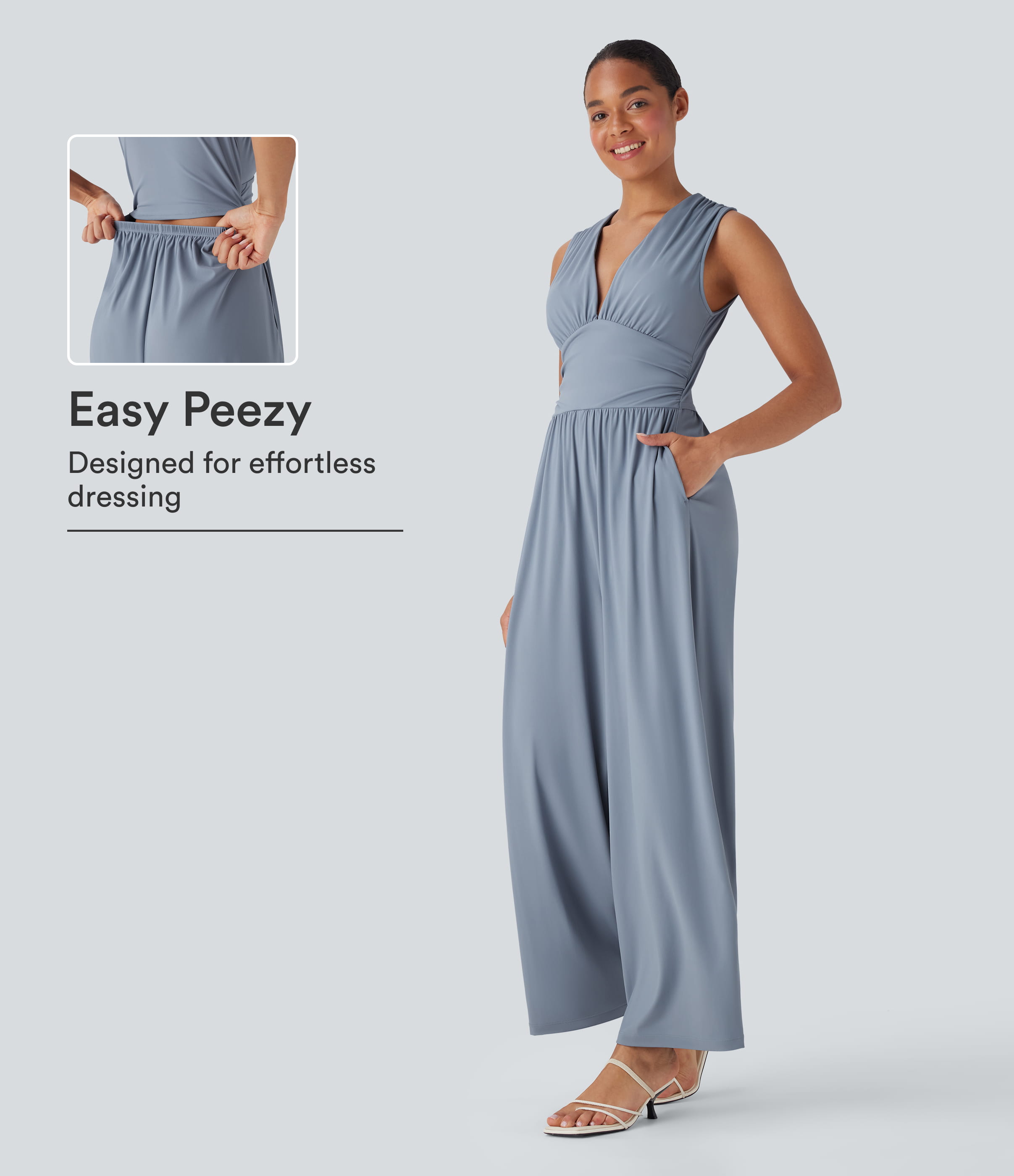 SoftlyZero™ Airy V Neck Sleeveless Ruched Pocket Cool Touch Casual Jumpsuit-Easy Peezy